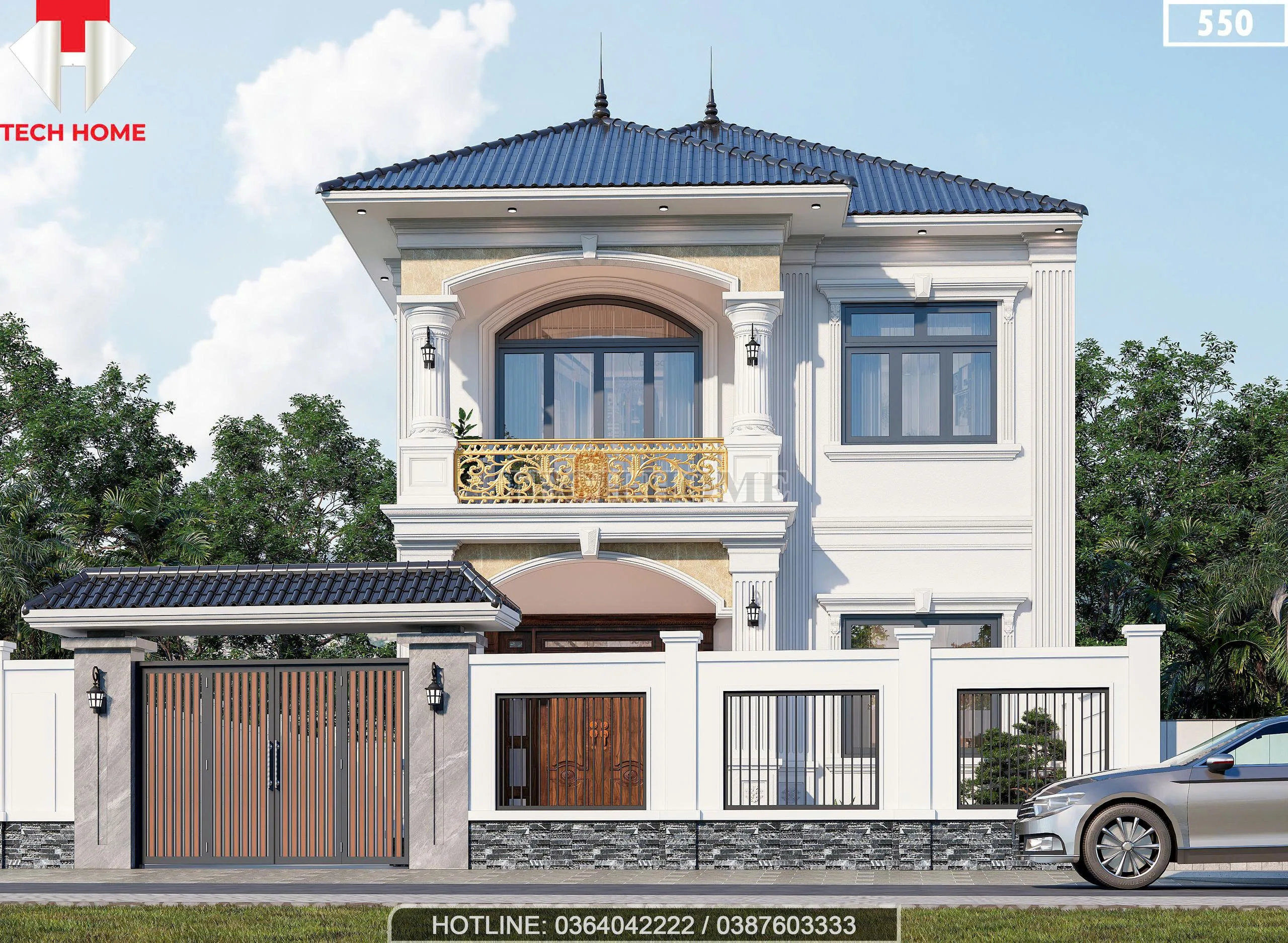 Phối cảnh mặt tiền mẫu nhà 2 tầng mái Nhật hiện đại màu trắng sứ kết hợp cổng rào sang trọng tại Hải Dương.