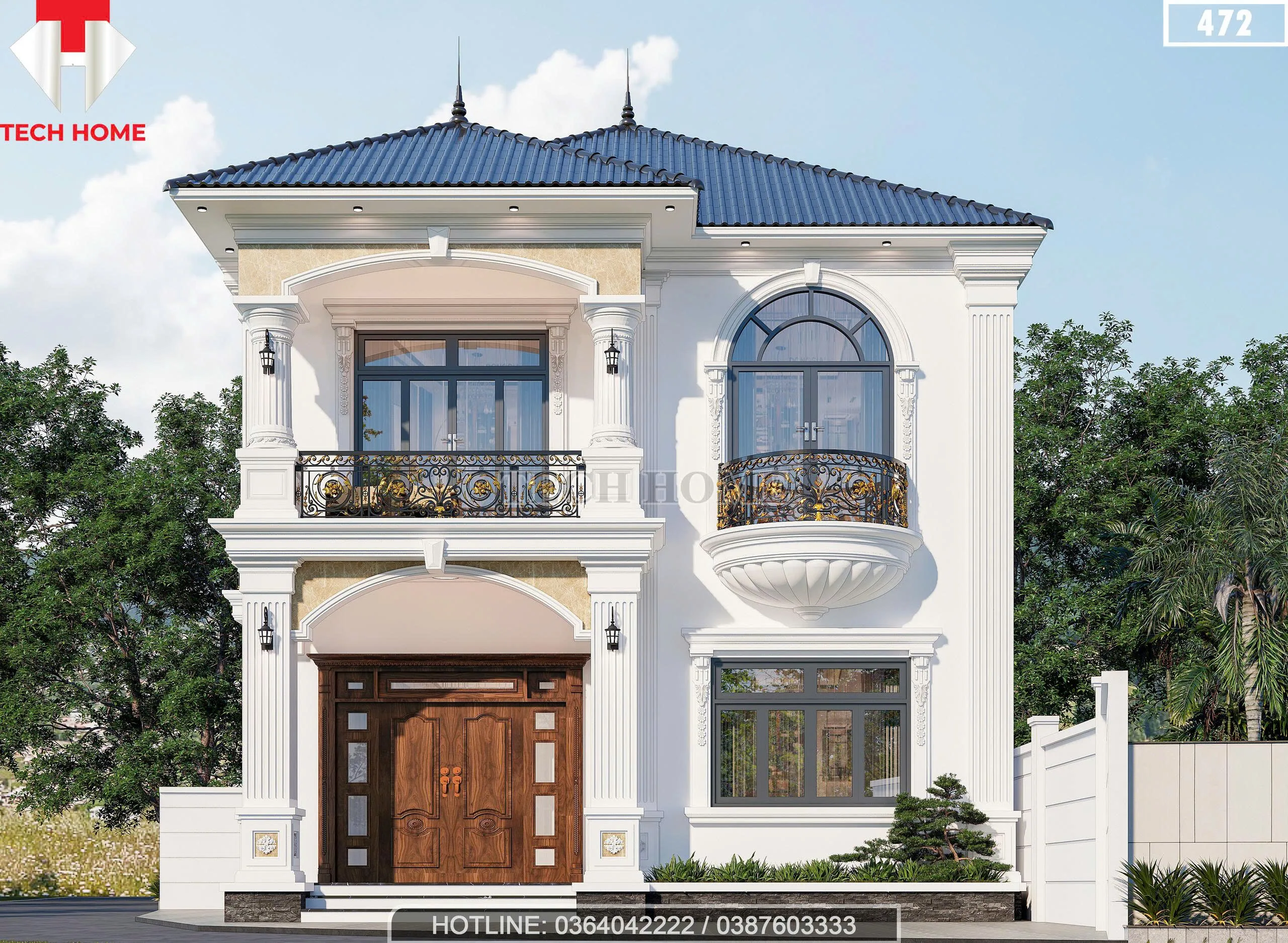 Phối cảnh chính diện mẫu nhà mái Nhật 2 tầng tân cổ điển sang trọng của chú Mậu tại Phúc Thọ.