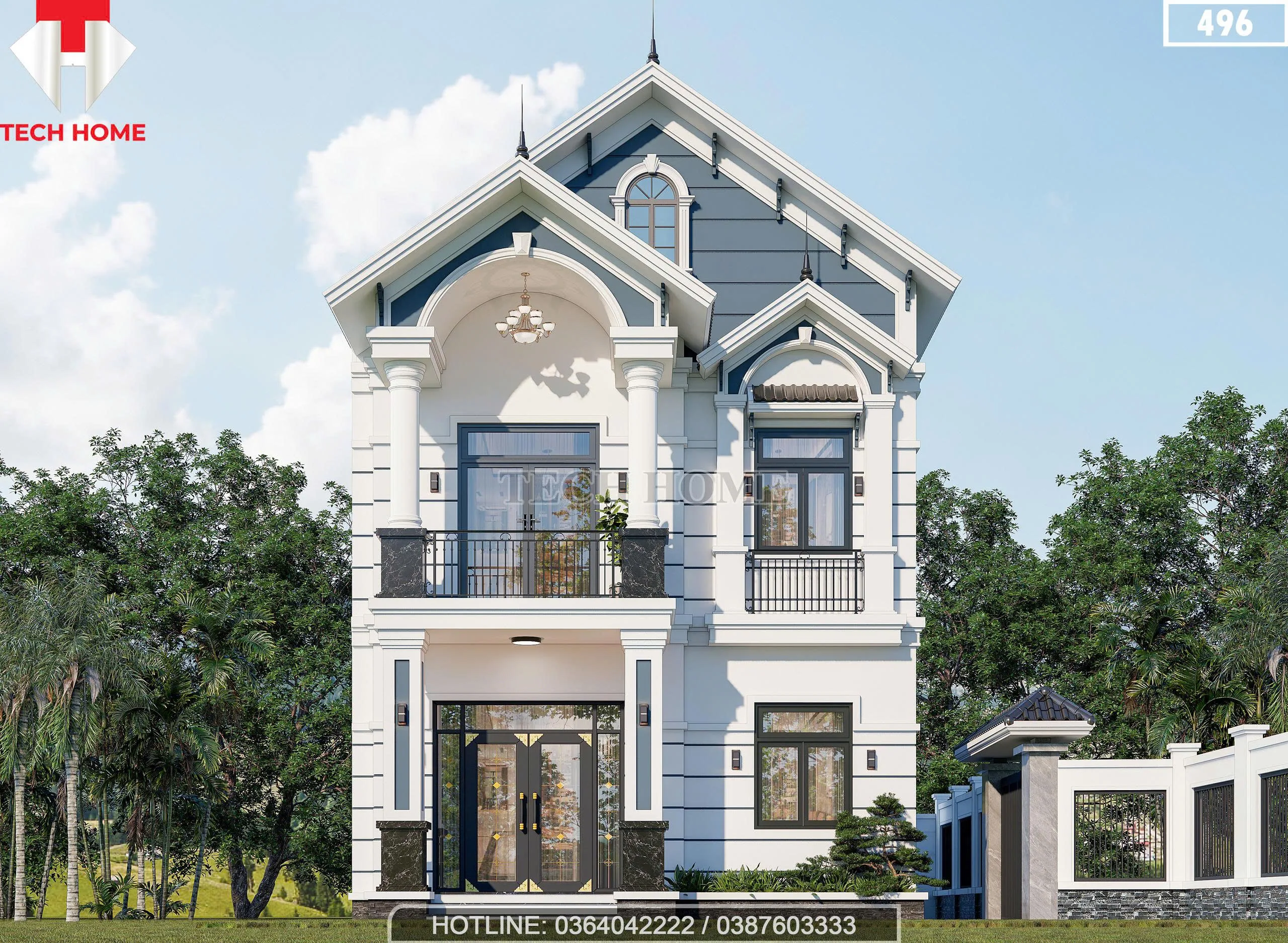 Phối cảnh mặt tiền mẫu nhà 2 tầng mái Thái đẹp hiện đại diện tích 90m2 tại Hà Nội.