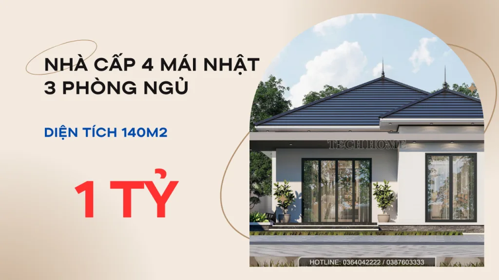 mẫu nhà cấp 4 mái Nhật 3 phòng ngủ