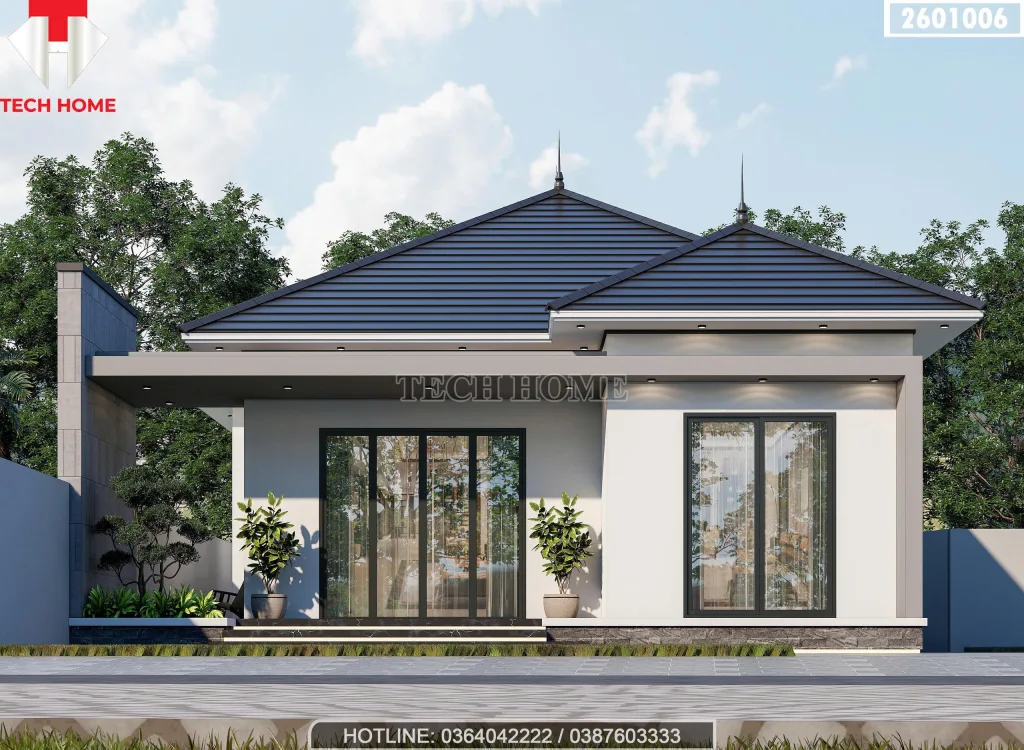 Phối cảnh chính diện mẫu nhà cấp 4 mái Nhật hiện đại diện tích 140m2 tại Hưng Yên.