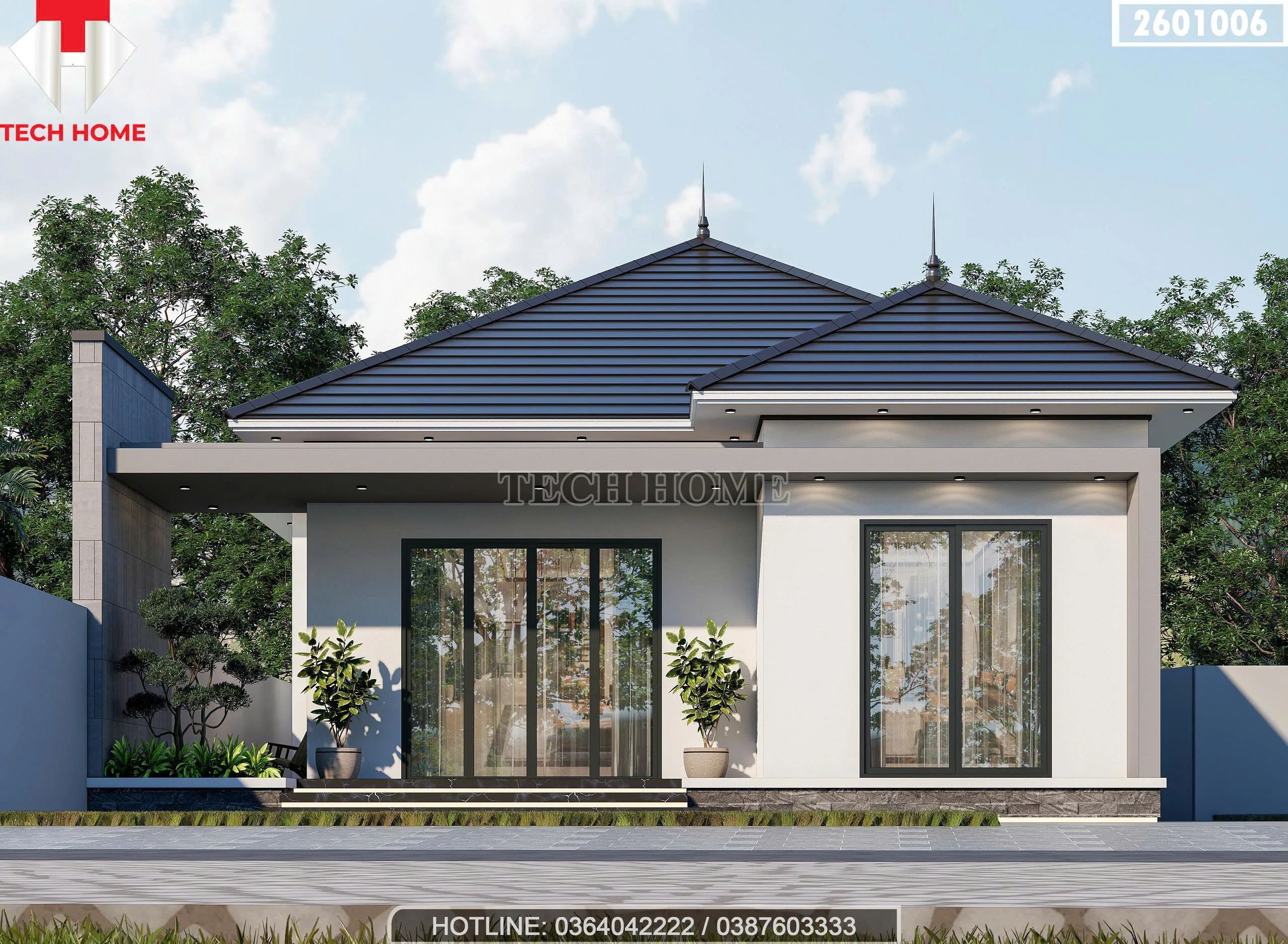 Phối cảnh chính diện mẫu nhà cấp 4 mái Nhật hiện đại diện tích 140m2 tại Hưng Yên.