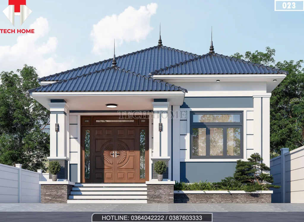 Phối cảnh mặt tiền mẫu nhà cấp 4 mái Nhật 3 phòng ngủ hiện đại với bậc tam cấp cao ráo tại Ninh Bình.