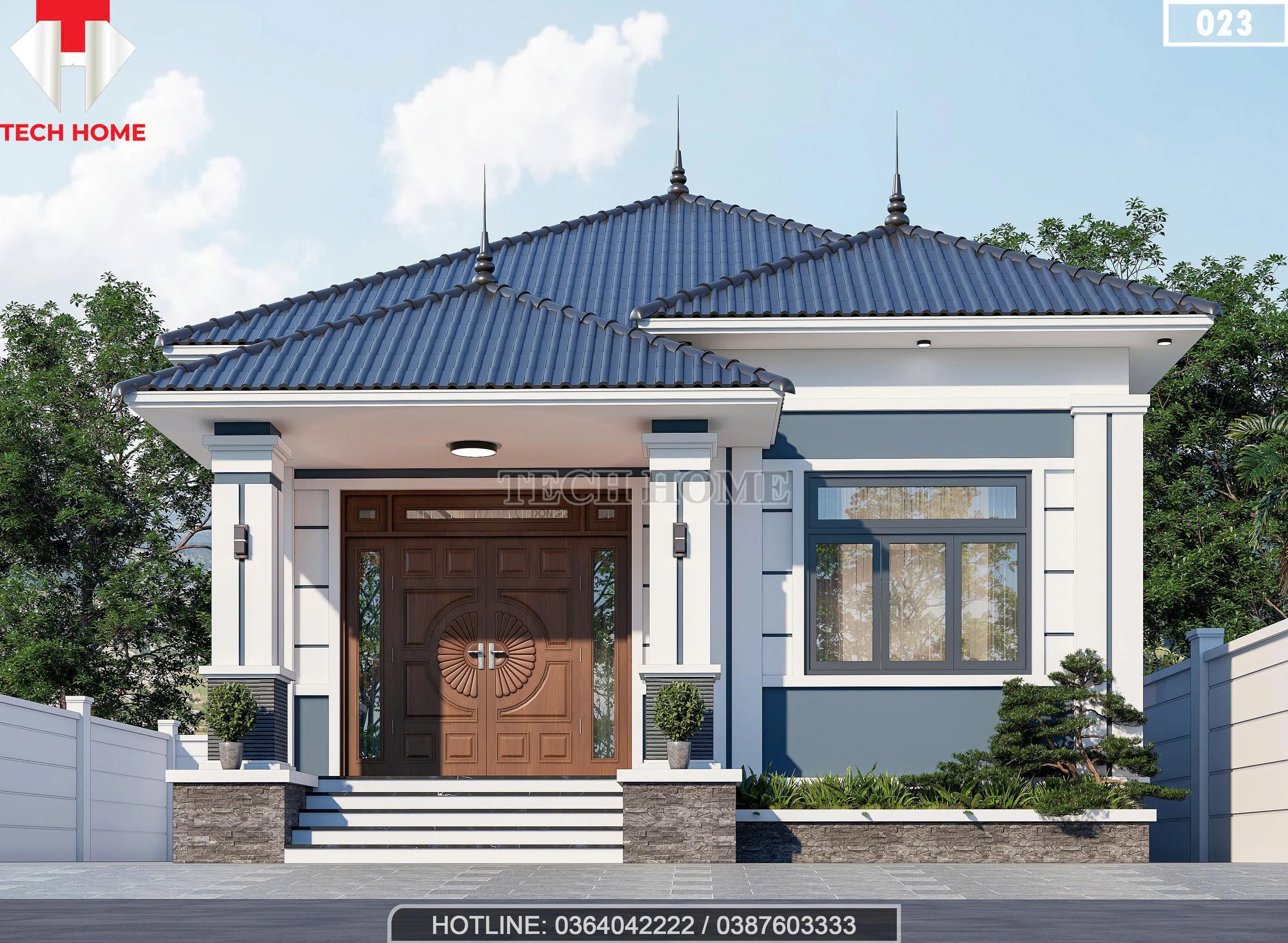 Phối cảnh mặt tiền mẫu nhà cấp 4 mái Nhật 3 phòng ngủ hiện đại với bậc tam cấp cao ráo tại Ninh Bình.