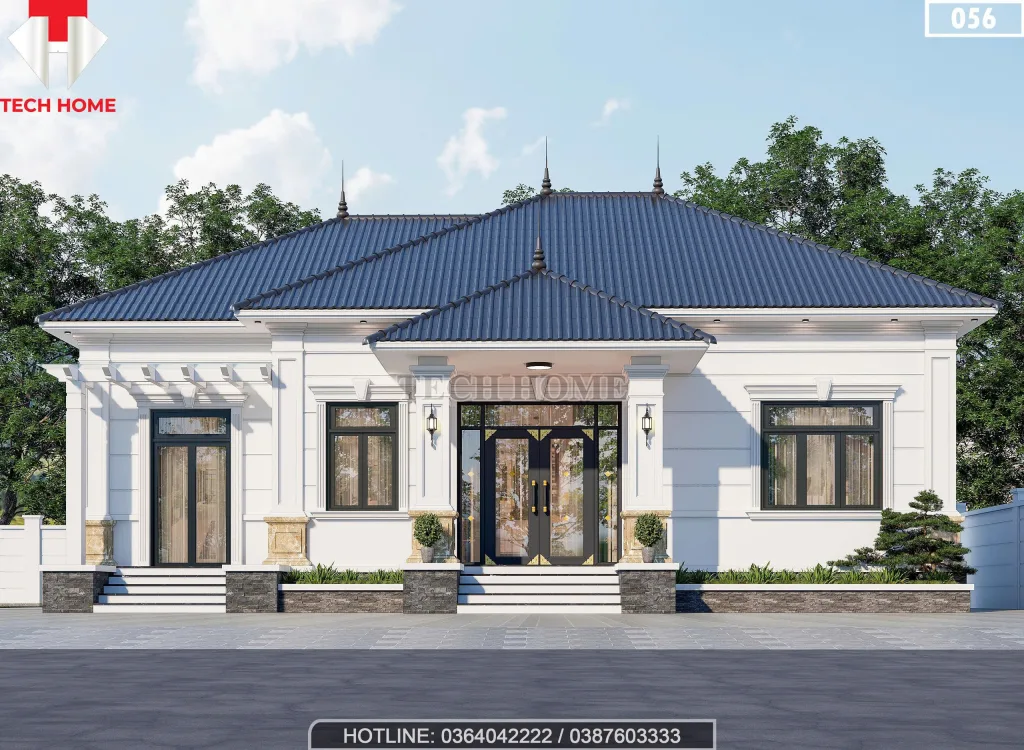 Phối cảnh mặt tiền mẫu nhà mái Nhật 1 tầng 150m2 hiện đại tại Ninh Bình của anh Tuấn.