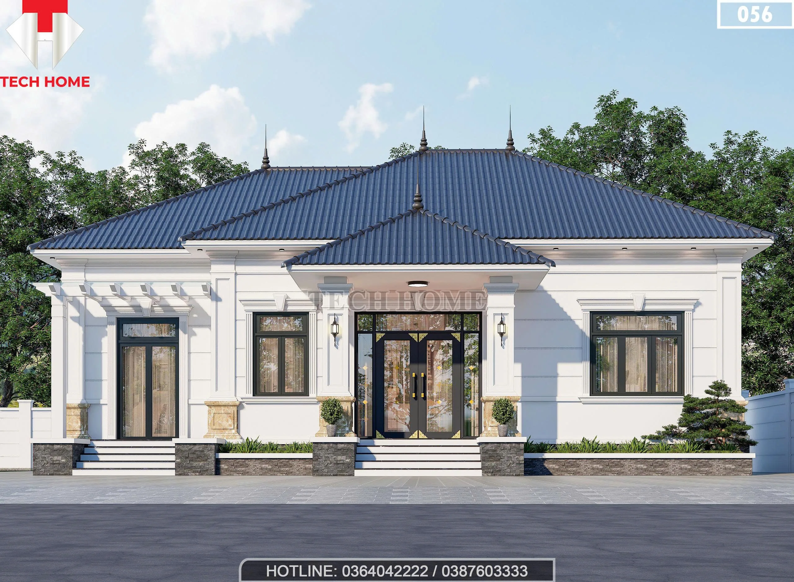 Phối cảnh mặt tiền mẫu nhà mái Nhật 1 tầng 150m2 hiện đại tại Ninh Bình của anh Tuấn.