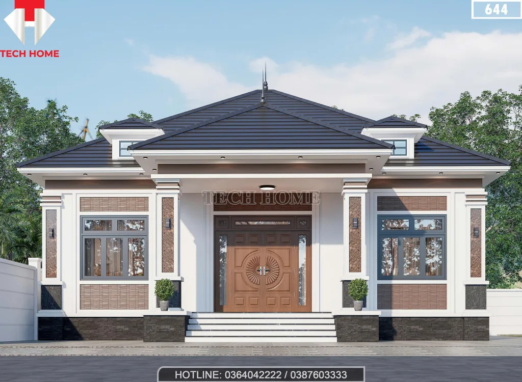 Phối cảnh mặt tiền mẫu nhà mái Nhật 1 tầng 3 phòng ngủ hiện đại của anh Sơn tại Hà Tĩnh.