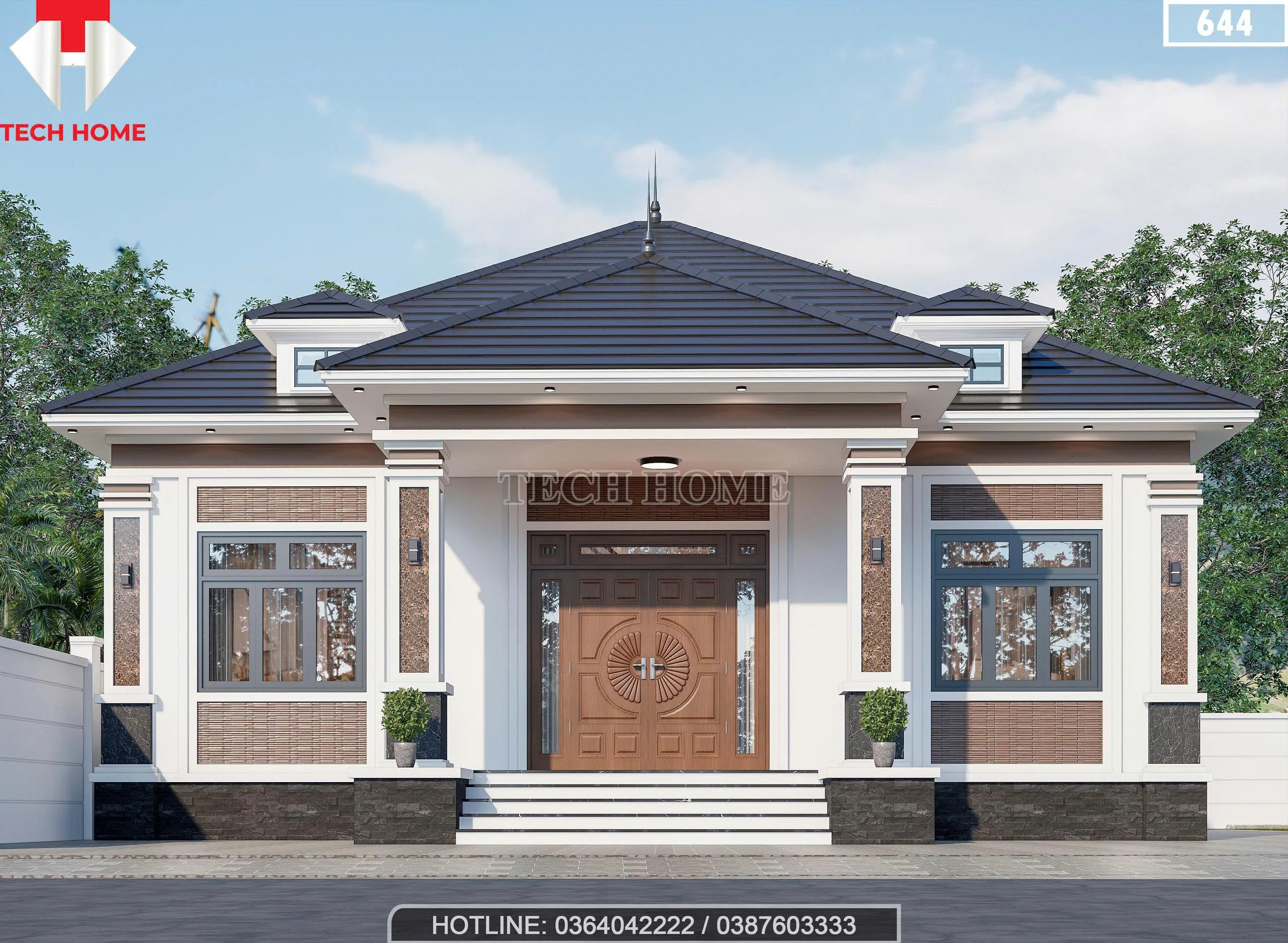 Phối cảnh mặt tiền mẫu nhà mái Nhật 1 tầng 3 phòng ngủ hiện đại của anh Sơn tại Hà Tĩnh.