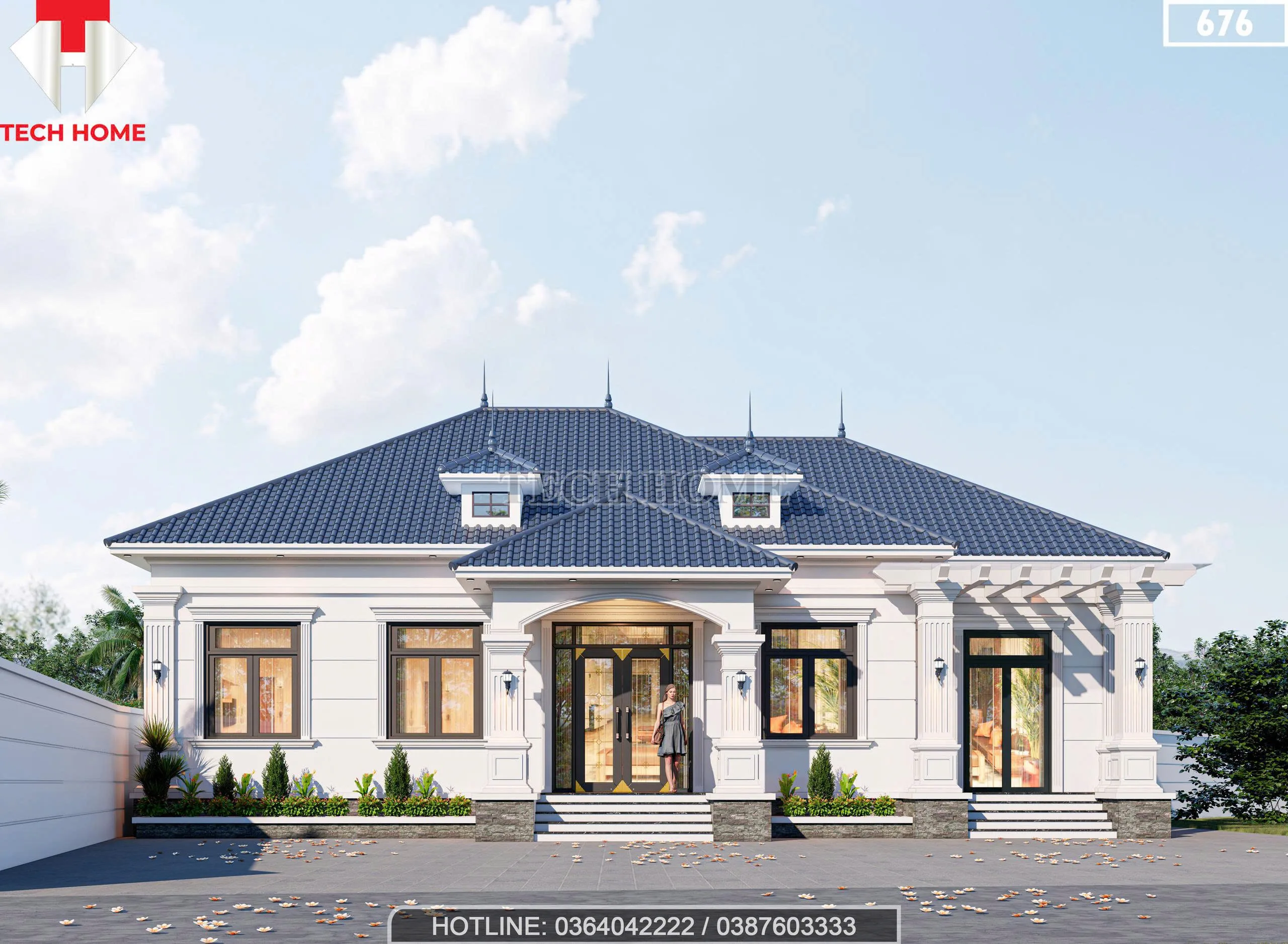 Phối cảnh mặt tiền mẫu nhà mái Nhật 1 tầng 4 phòng ngủ hiện đại tại Bắc Ninh.