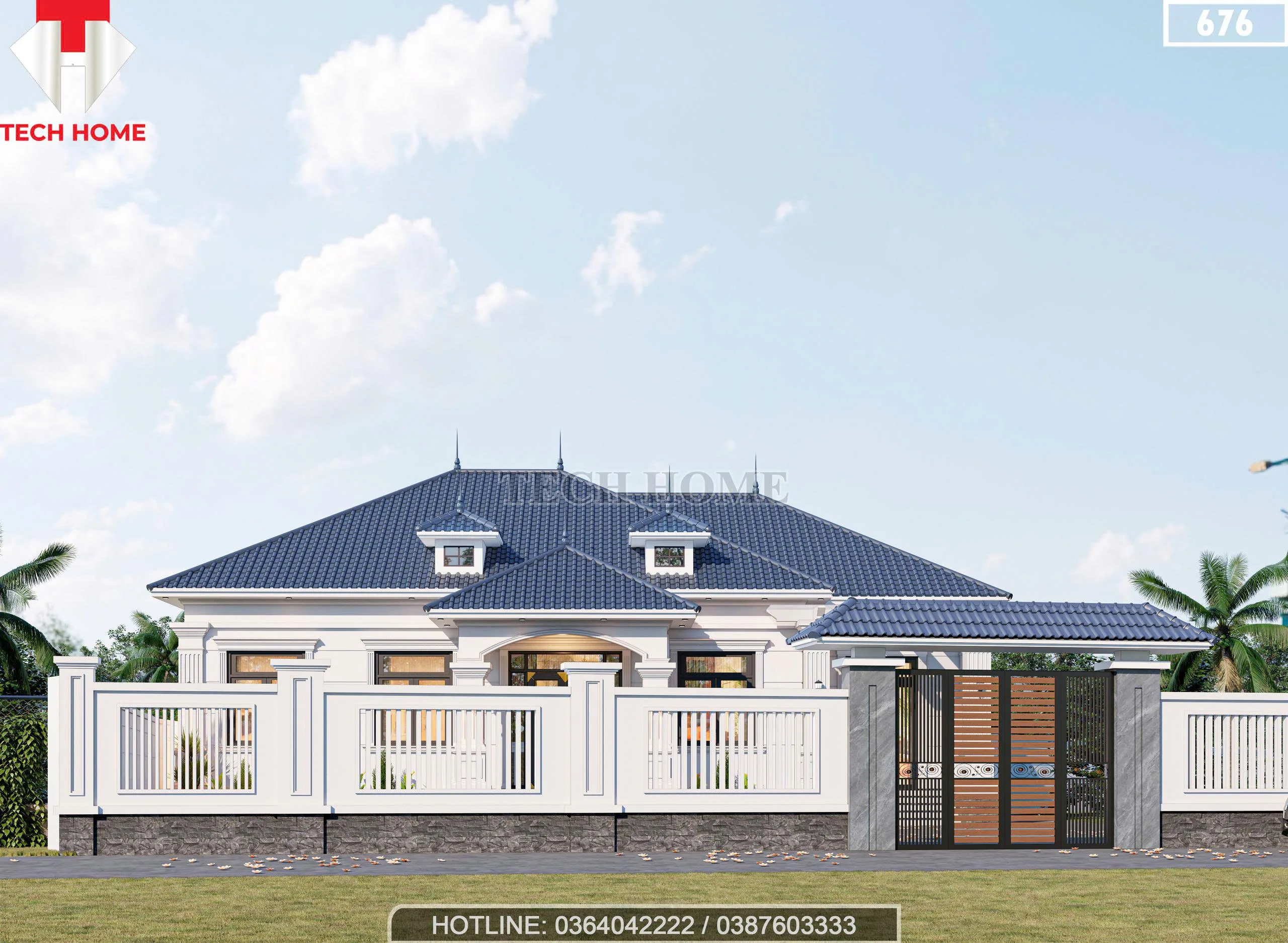 Tổng thể mẫu nhà mái Nhật 1 tầng 4 phòng ngủ