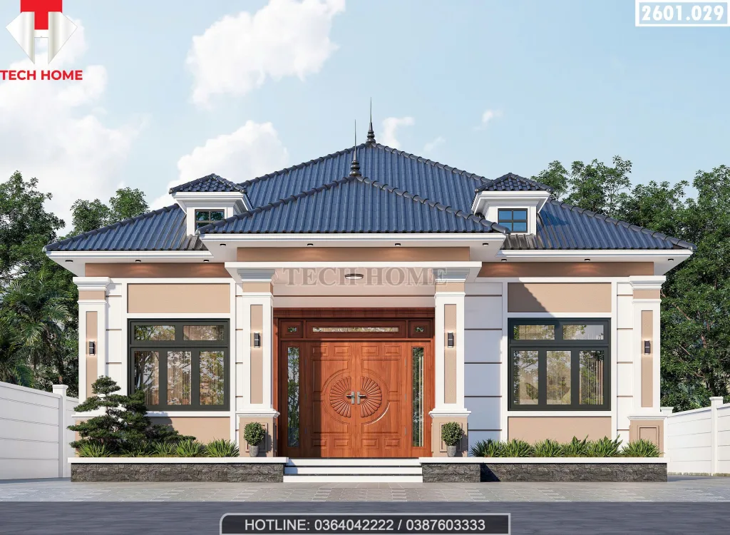Phối cảnh mặt tiền chính diện mẫu nhà mái Nhật 1 tầng hiện đại tại Hải Phòng do Techhome thiết kế.