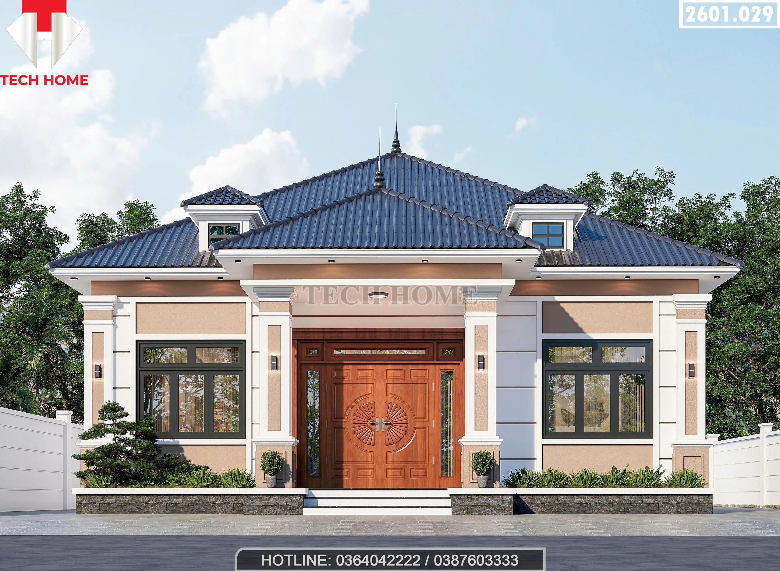 Phối cảnh mặt tiền chính diện mẫu nhà mái Nhật 1 tầng hiện đại tại Hải Phòng do Techhome thiết kế.