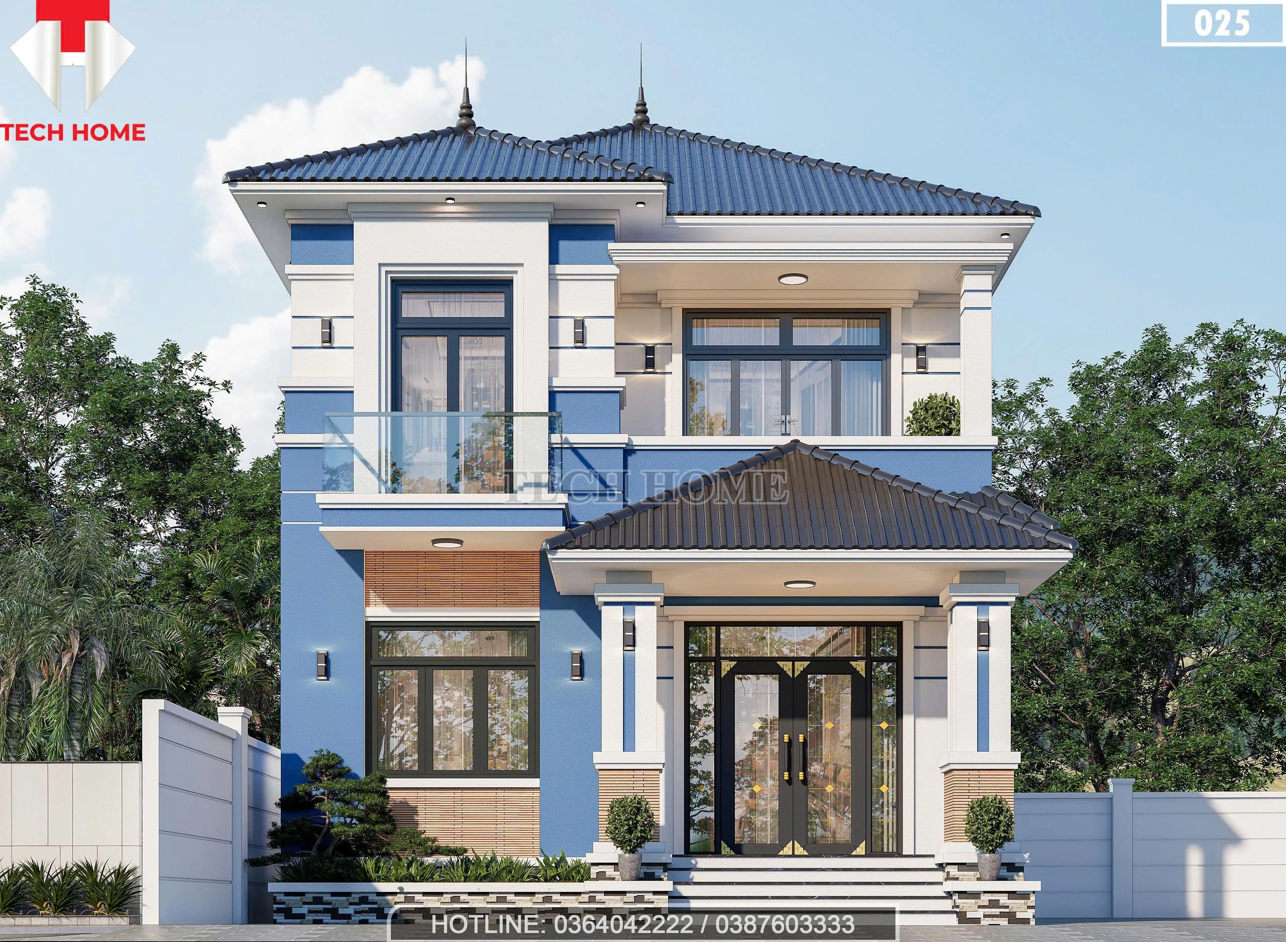 Phối cảnh mặt tiền mẫu nhà mái Nhật 2 tầng đẹp hiện đại mặt tiền 8m tại Hà Nội.