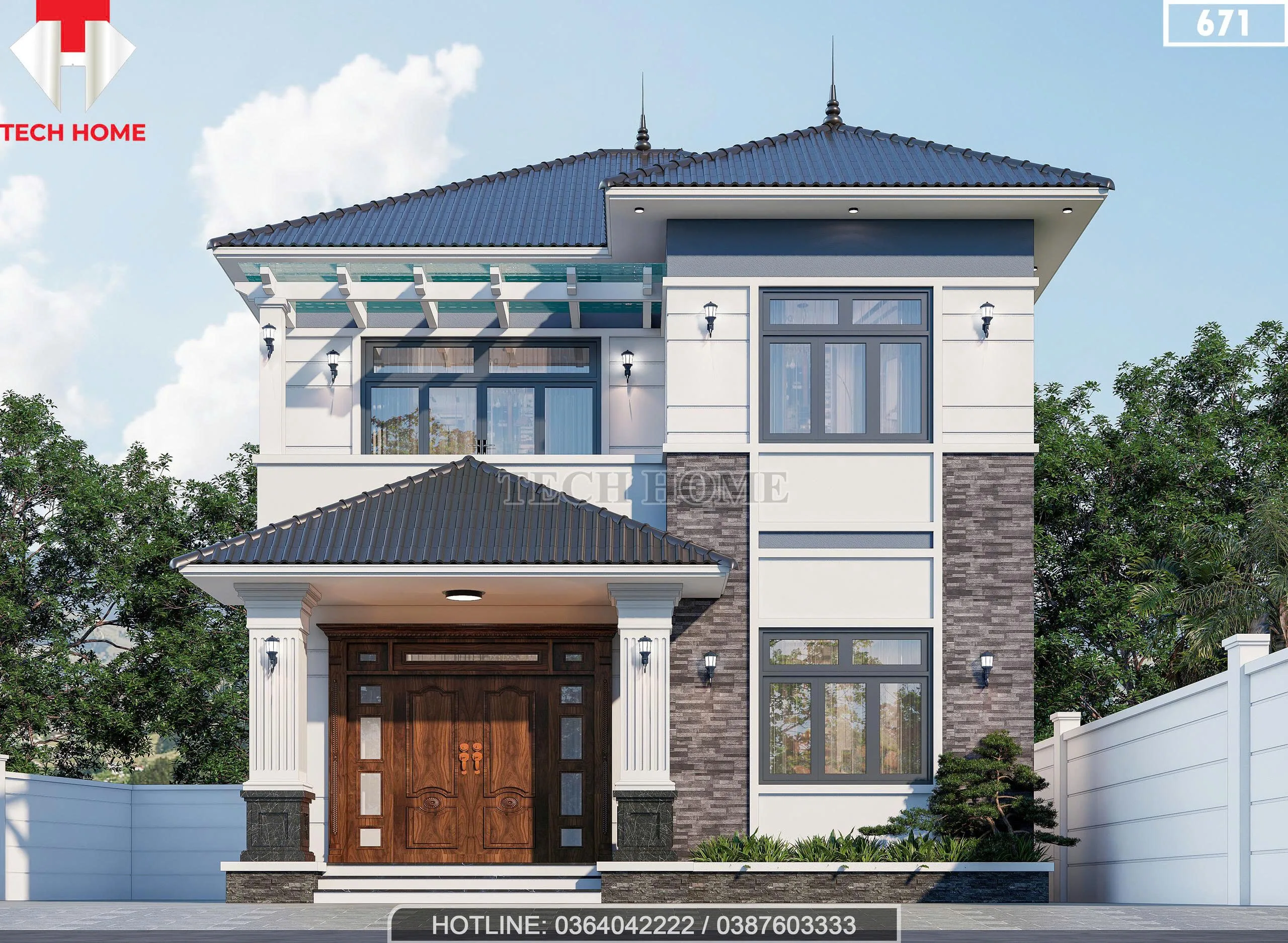 Phối cảnh mặt tiền mẫu nhà 2 tầng mái Nhật đẹp hiện đại của anh Thùy tại Hoằng Hóa, Thanh Hóa.