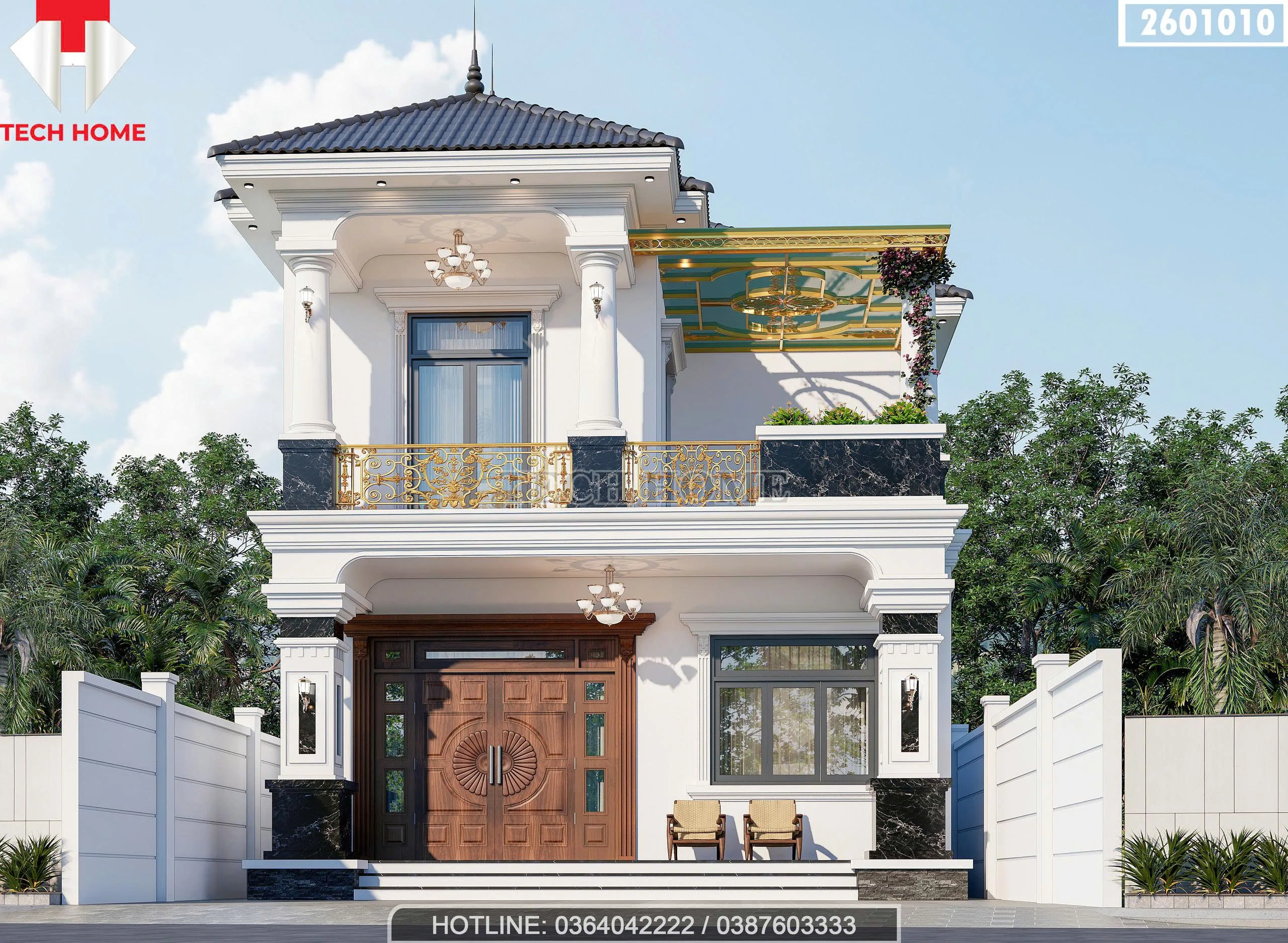 Phối cảnh mặt tiền mẫu nhà mái Nhật 2 tầng tân cổ điển sang trọng của gia đình chị Hương tại Hà Nội.