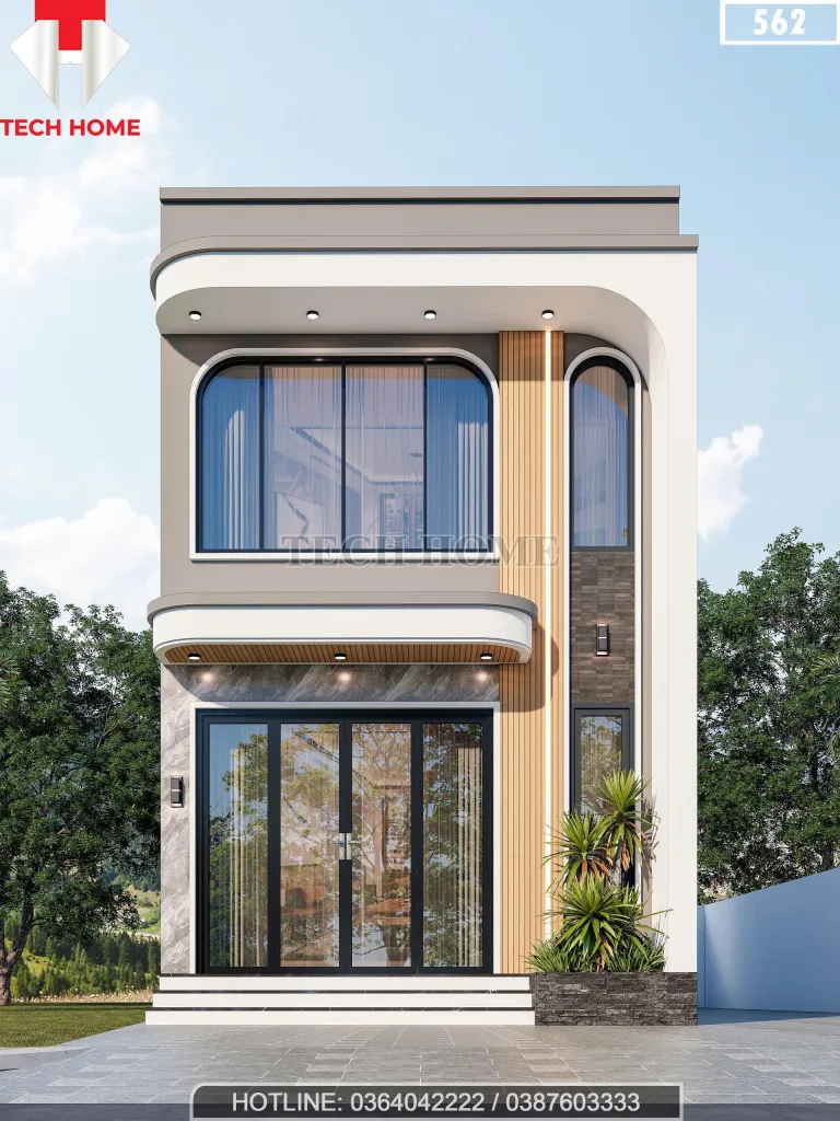 Phối cảnh mặt tiền mẫu nhà ống 2 tầng đẹp hiện đại rộng 4.7m sang trọng tại Bắc Giang.