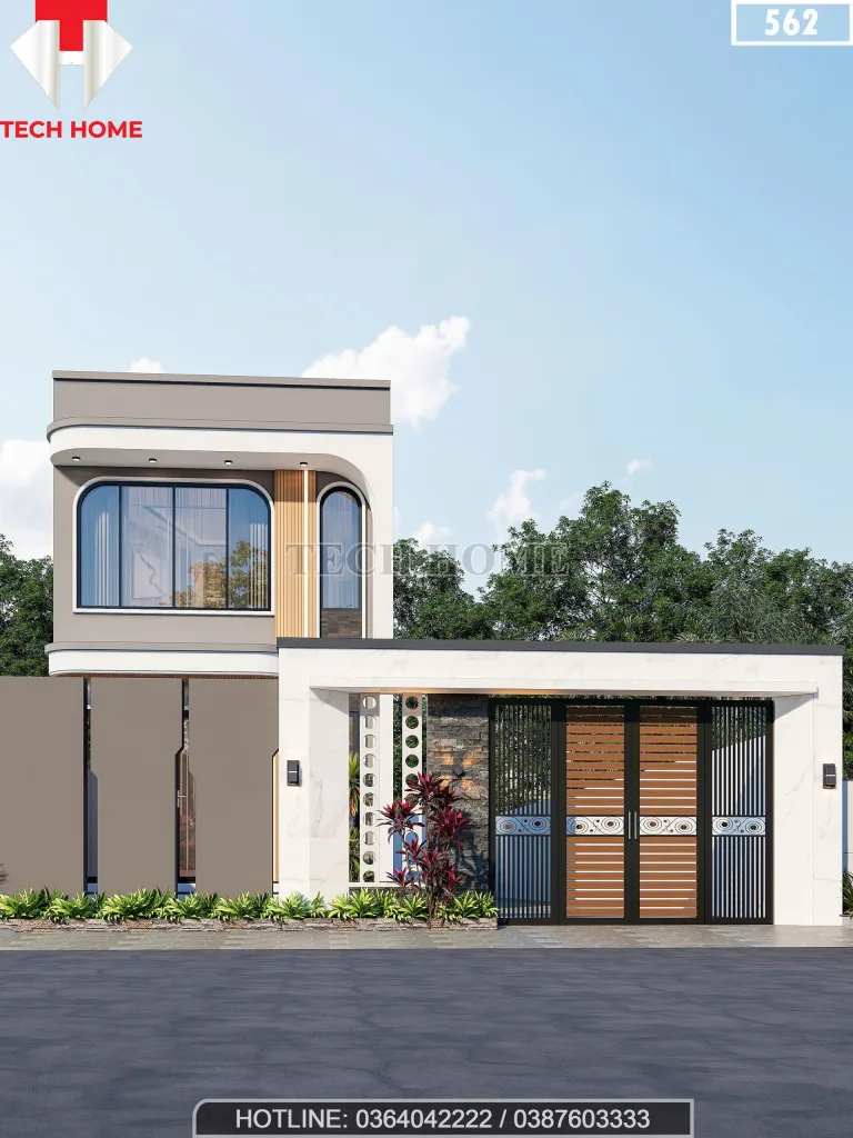 Phối cảnh mặt tiền mẫu nhà ống 2 tầng đẹp hiện đại rộng 4.7m có cổng sang trọng tại Bắc Giang.