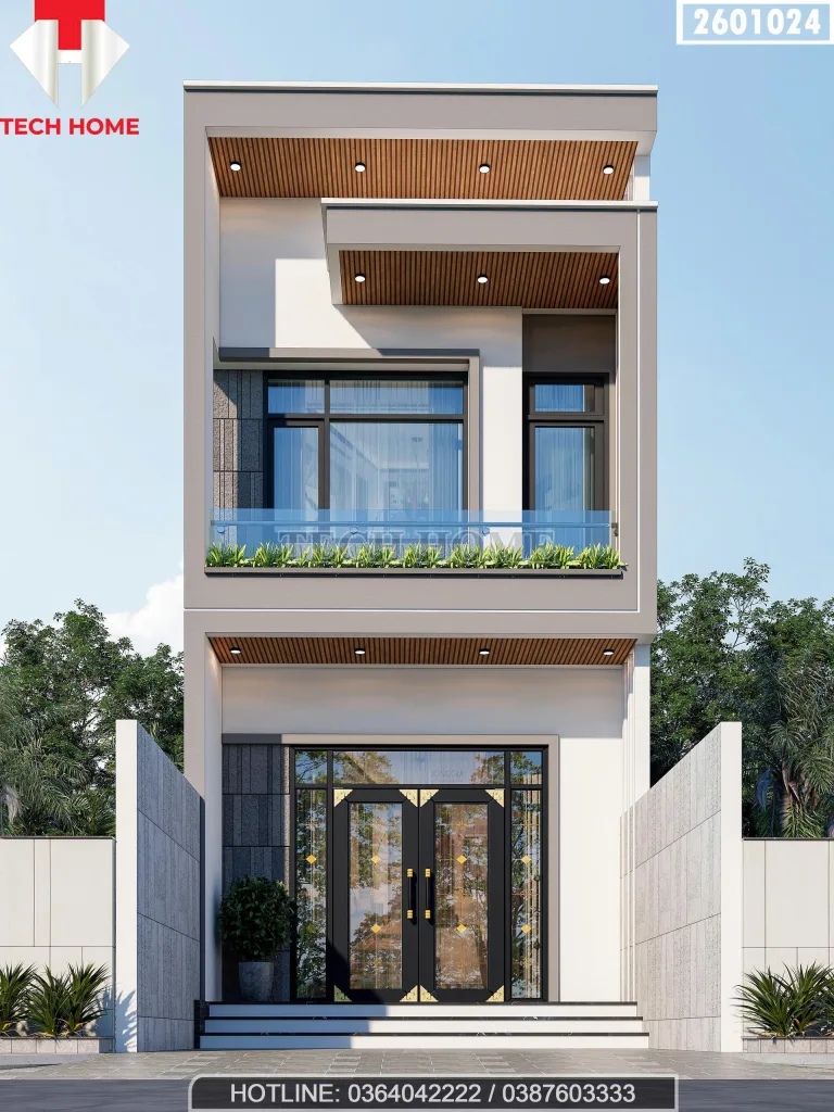 Phối cảnh mặt tiền mẫu nhà ống 2 tầng hiện đại ngang 4.5m sang trọng tại Thanh Hóa.