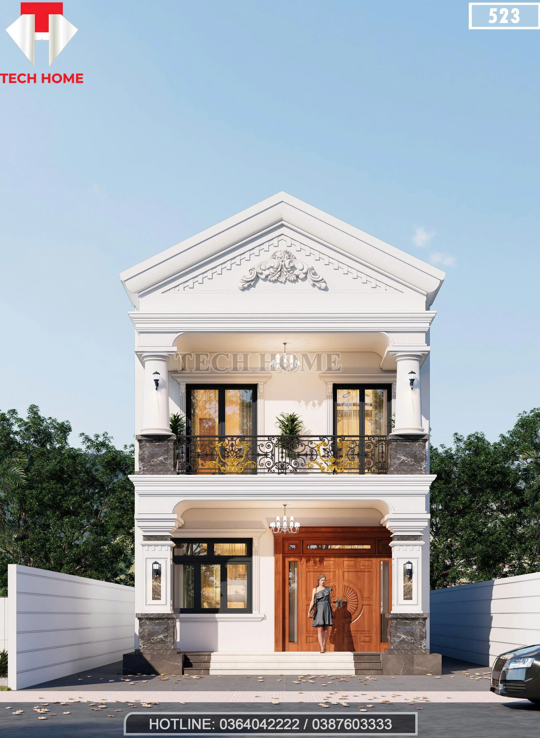 Phối cảnh chính diện mẫu nhà ống 2 tầng tân cổ điển mặt tiền 7m sang trọng