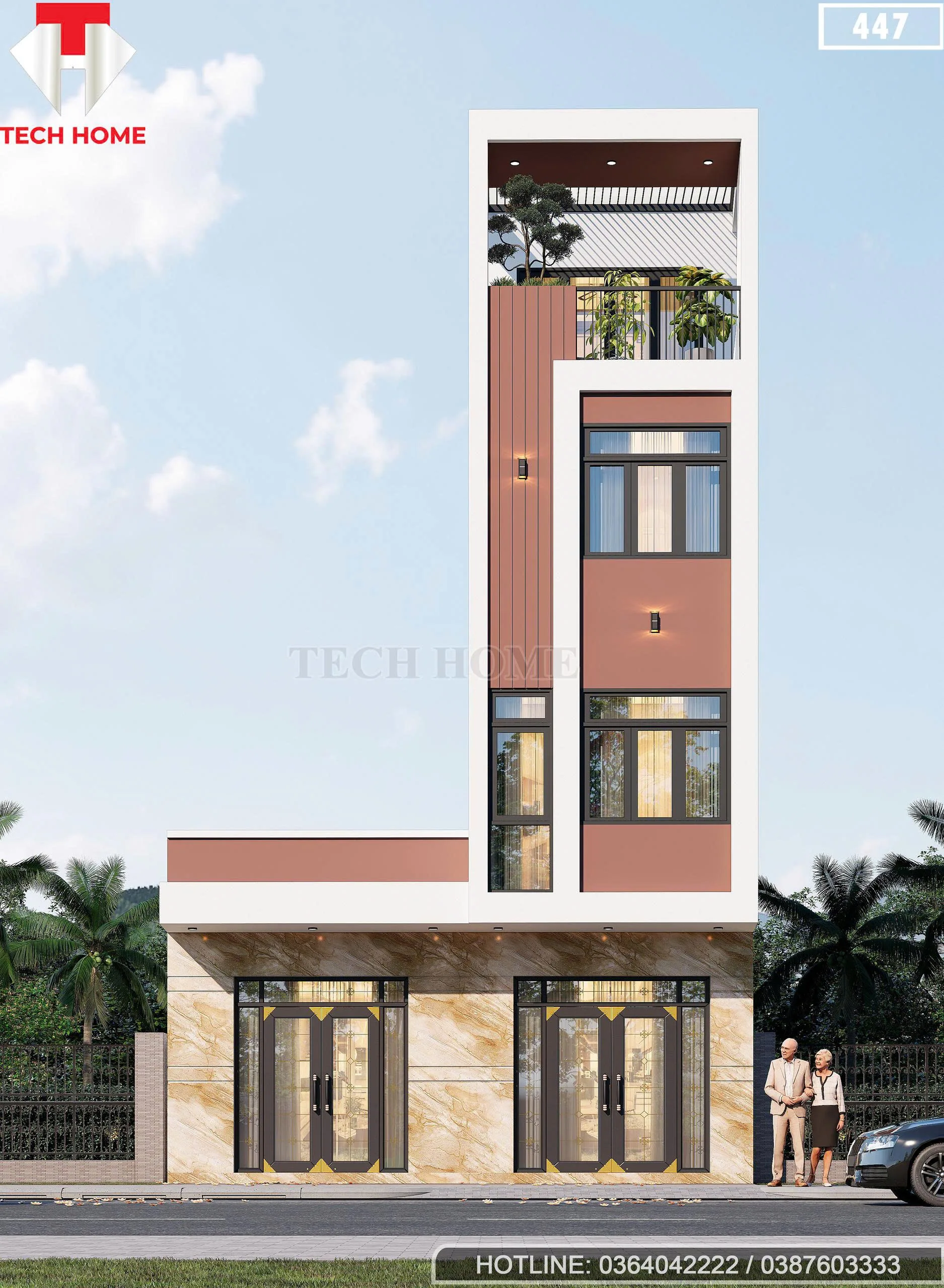 Phối cảnh mặt tiền mẫu nhà ống 3 tầng 1 tum hiện đại ốp đá sang trọng tại Phú Thọ.