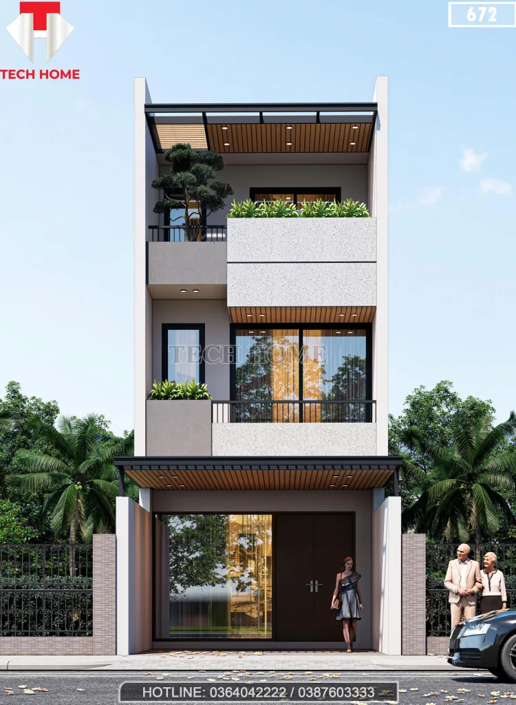 Phối cảnh mặt tiền mẫu nhà phố 2 tầng 1 tum 5x15m hiện đại của anh Đức tại Kim Động, Hưng Yên.