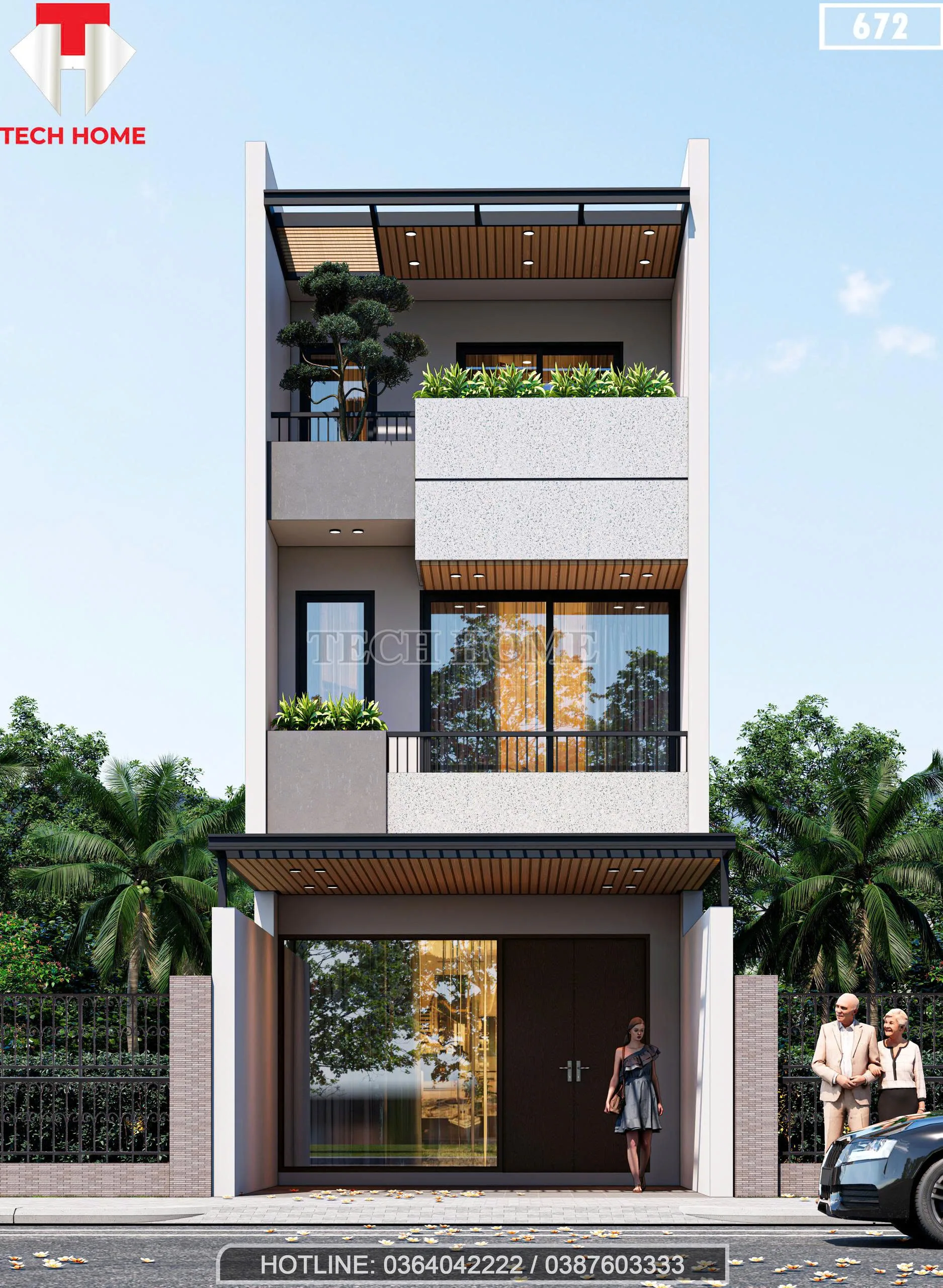 Phối cảnh mặt tiền mẫu nhà phố 2 tầng 1 tum 5x15m hiện đại của anh Đức tại Kim Động, Hưng Yên.