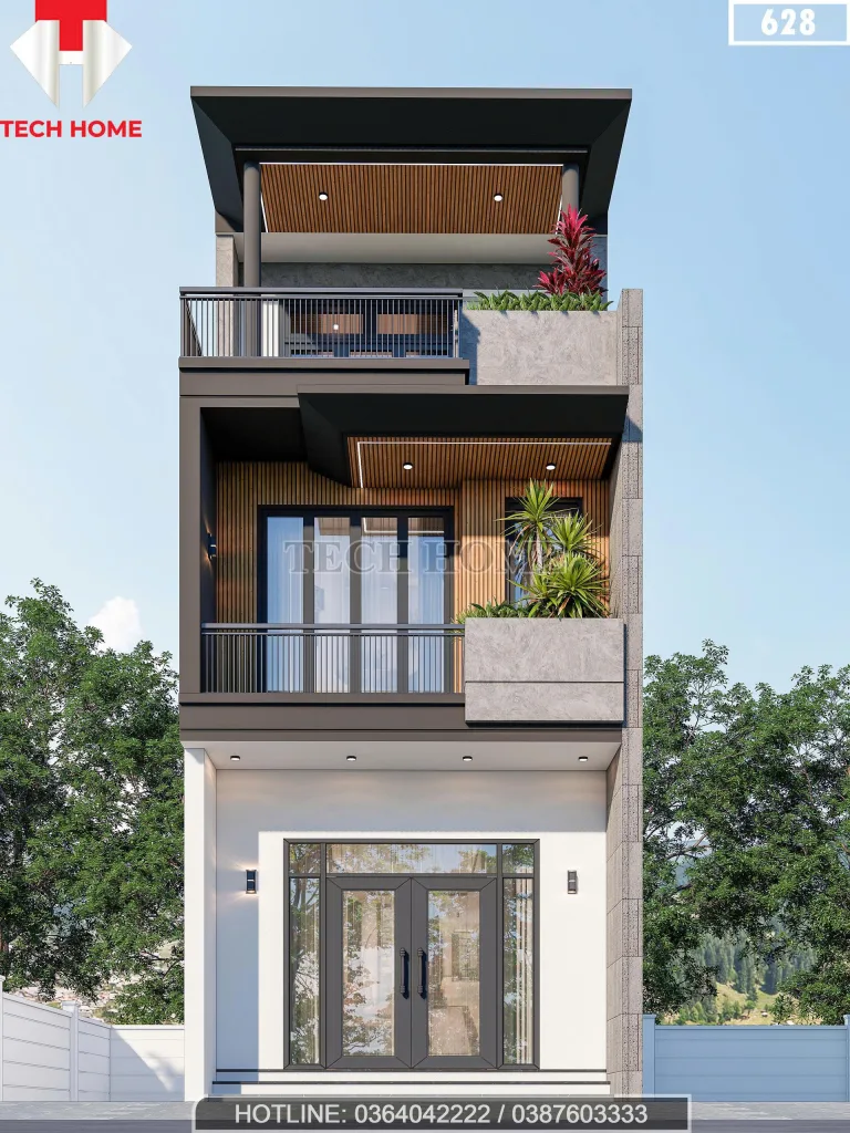Phối cảnh mặt tiền mẫu nhà phố 2 tầng 1 tum hiện đại diện tích 5x12.5m tại Thái Nguyên.