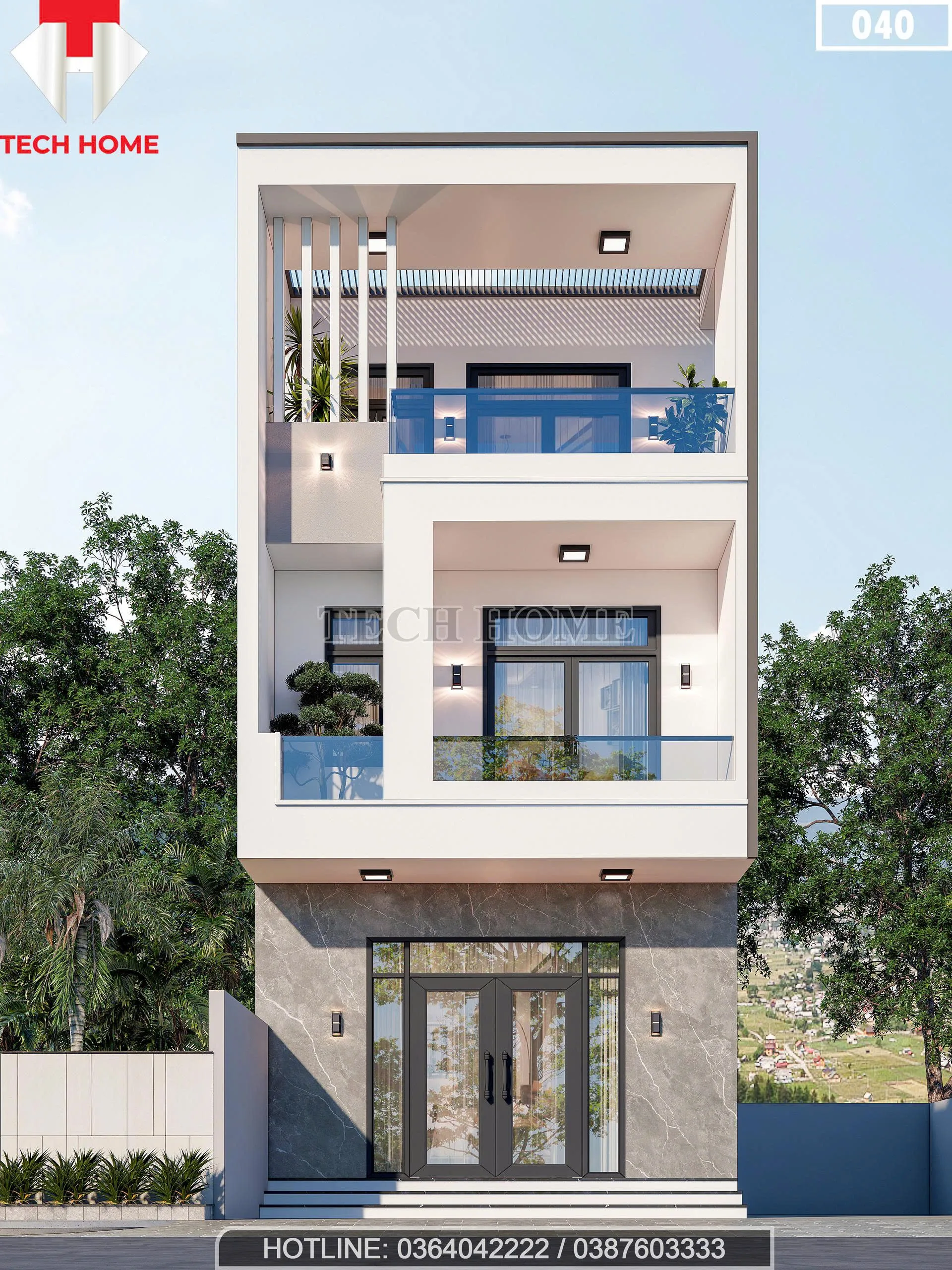 Phối cảnh mặt tiền mẫu nhà phố 2 tầng 1 tum hiện đại mặt tiền 5.4m tại Hà Nội.