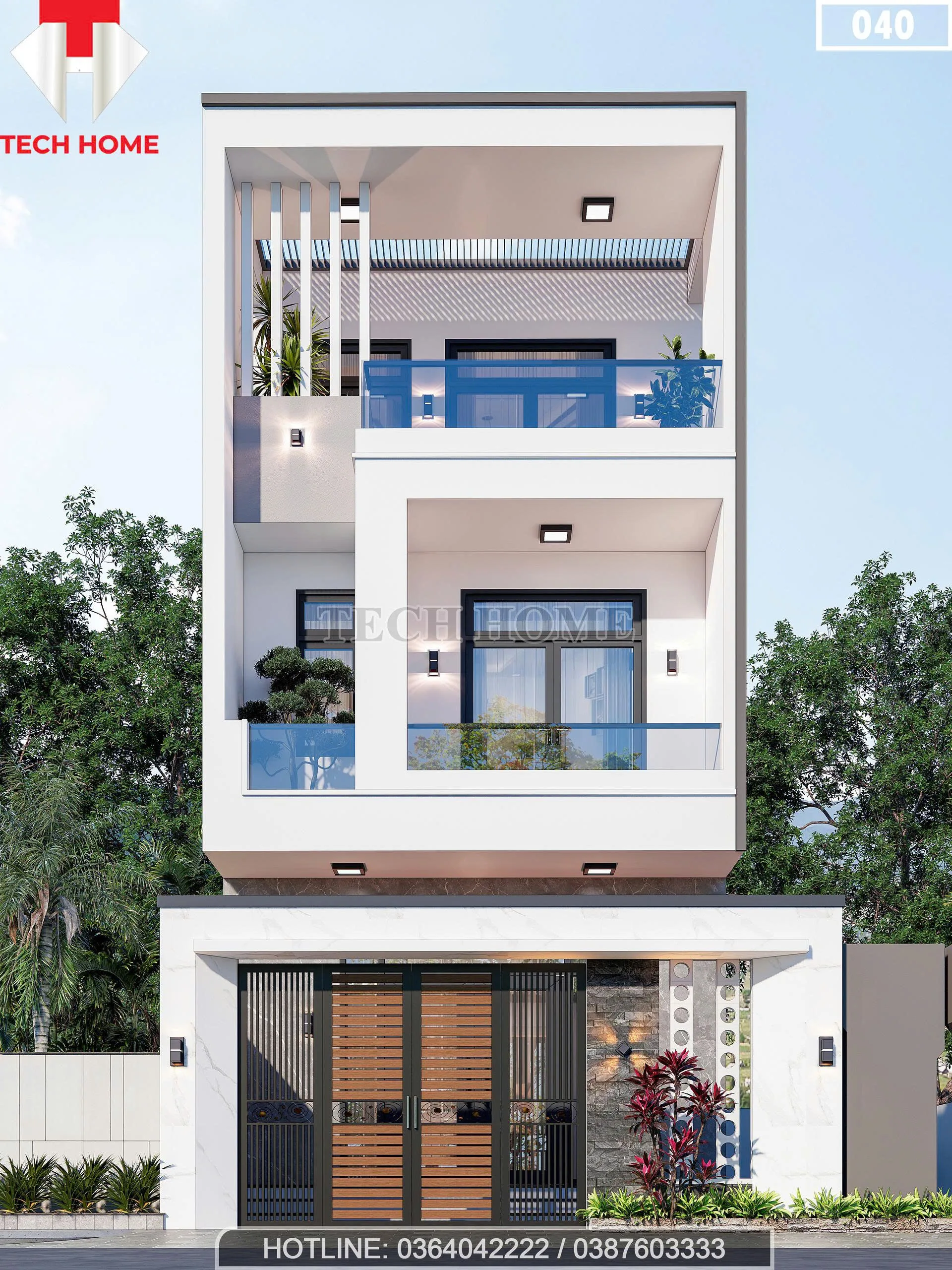 Tổng thể mẫu nhà phố 2 tầng 1 tum hiện đại