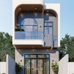 Phối cảnh mặt tiền chính diện mẫu nhà phố 2 tầng 5x15m kiến trúc bo cong hiện đại tại Quảng Ninh.