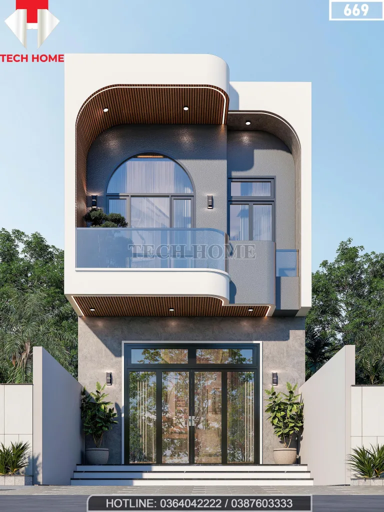 Phối cảnh mặt tiền chính diện mẫu nhà phố 2 tầng 5x15m kiến trúc bo cong hiện đại tại Quảng Ninh.
