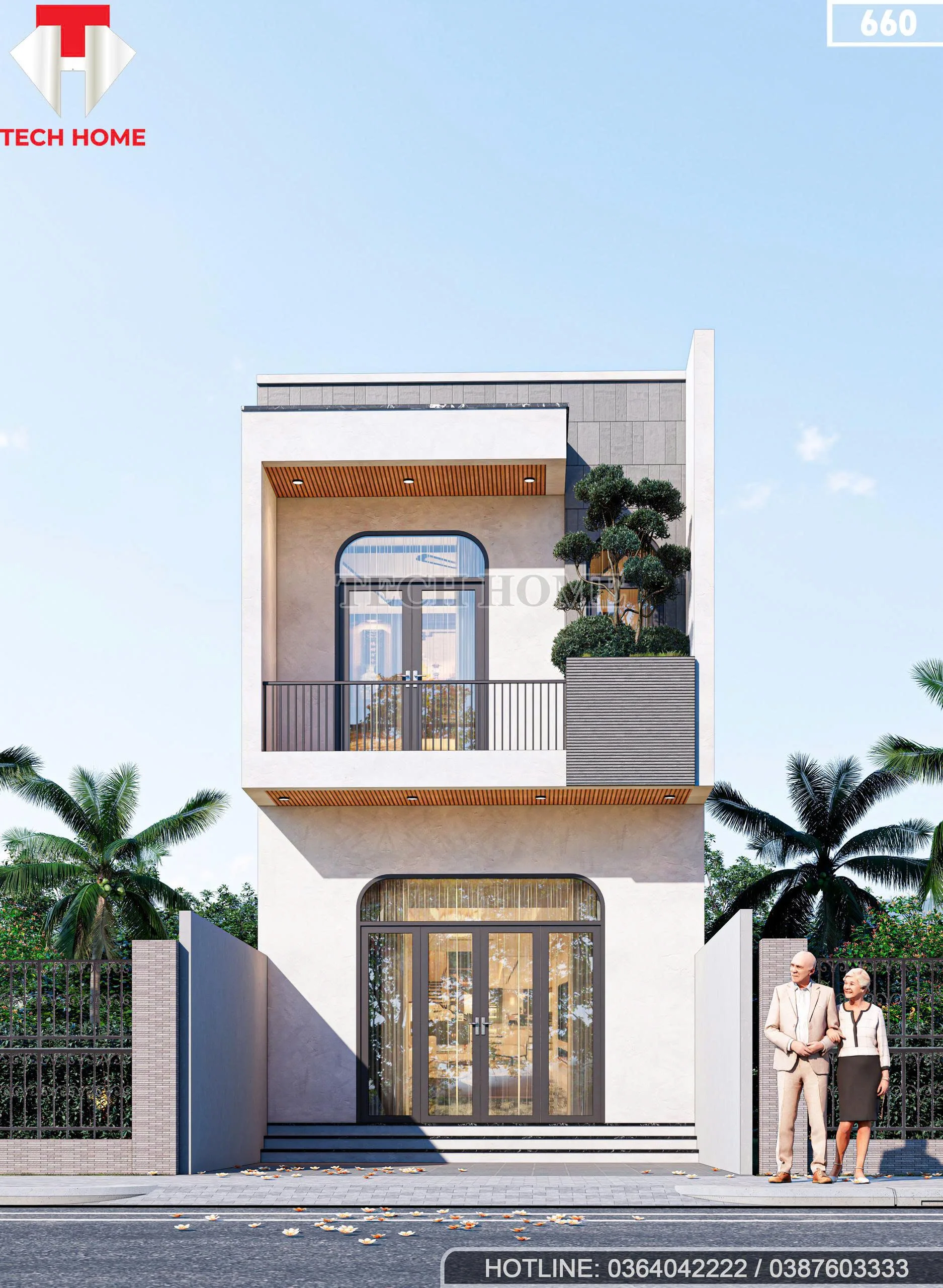 Phối cảnh mặt tiền mẫu nhà phố 2 tầng hiện đại rộng 5m kiến trúc mái bằng tại Thái Bình.