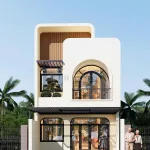 Phối cảnh mặt tiền mẫu nhà phố 2 tầng hiện đại bo góc độc đáo tại Quảng Ngãi.