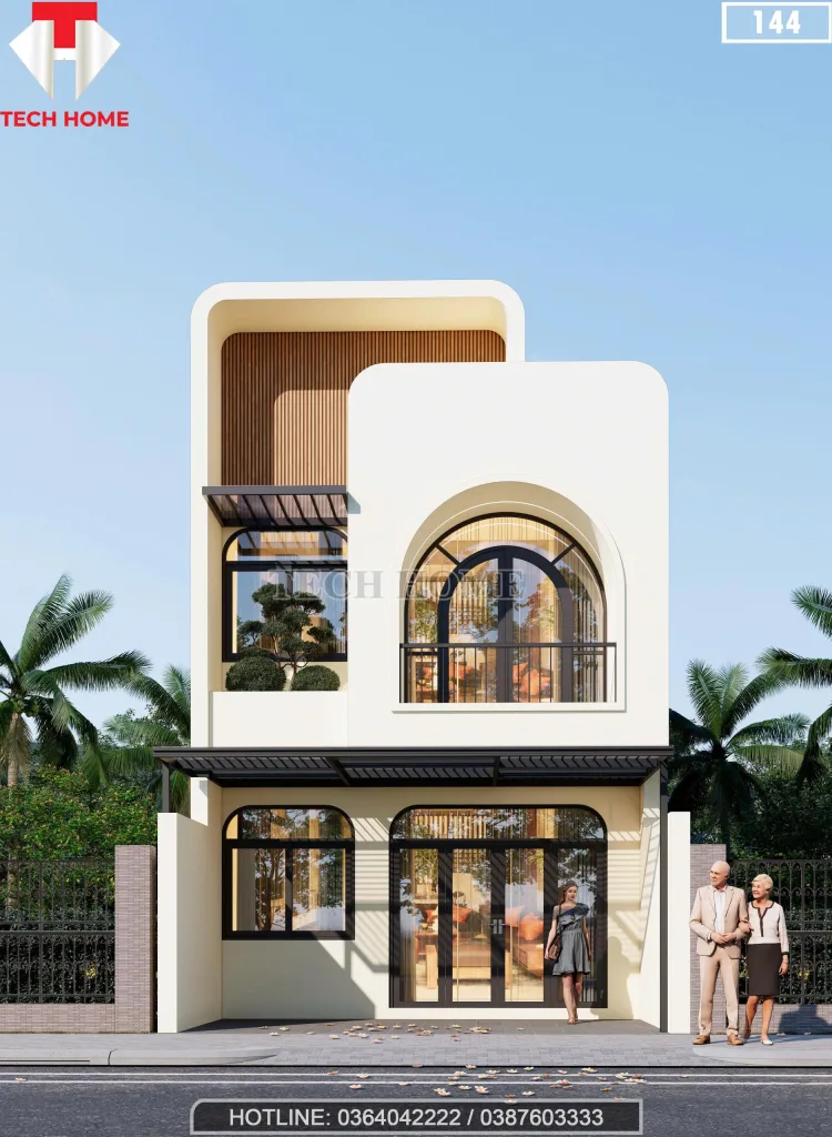 Phối cảnh mặt tiền mẫu nhà phố 2 tầng hiện đại bo góc độc đáo tại Quảng Ngãi.