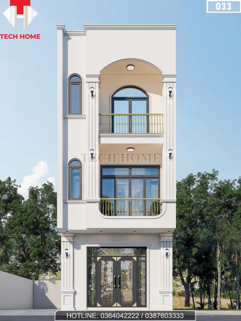 Phối cảnh mặt tiền chính diện mẫu nhà phố 2 tầng tân cổ điển diện tích 100m2 tại Bắc Ninh.