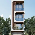 Phối cảnh chính diện mẫu nhà phố 3 tầng 1 lửng hiện đại bo góc độc đáo tại Thanh Hóa.