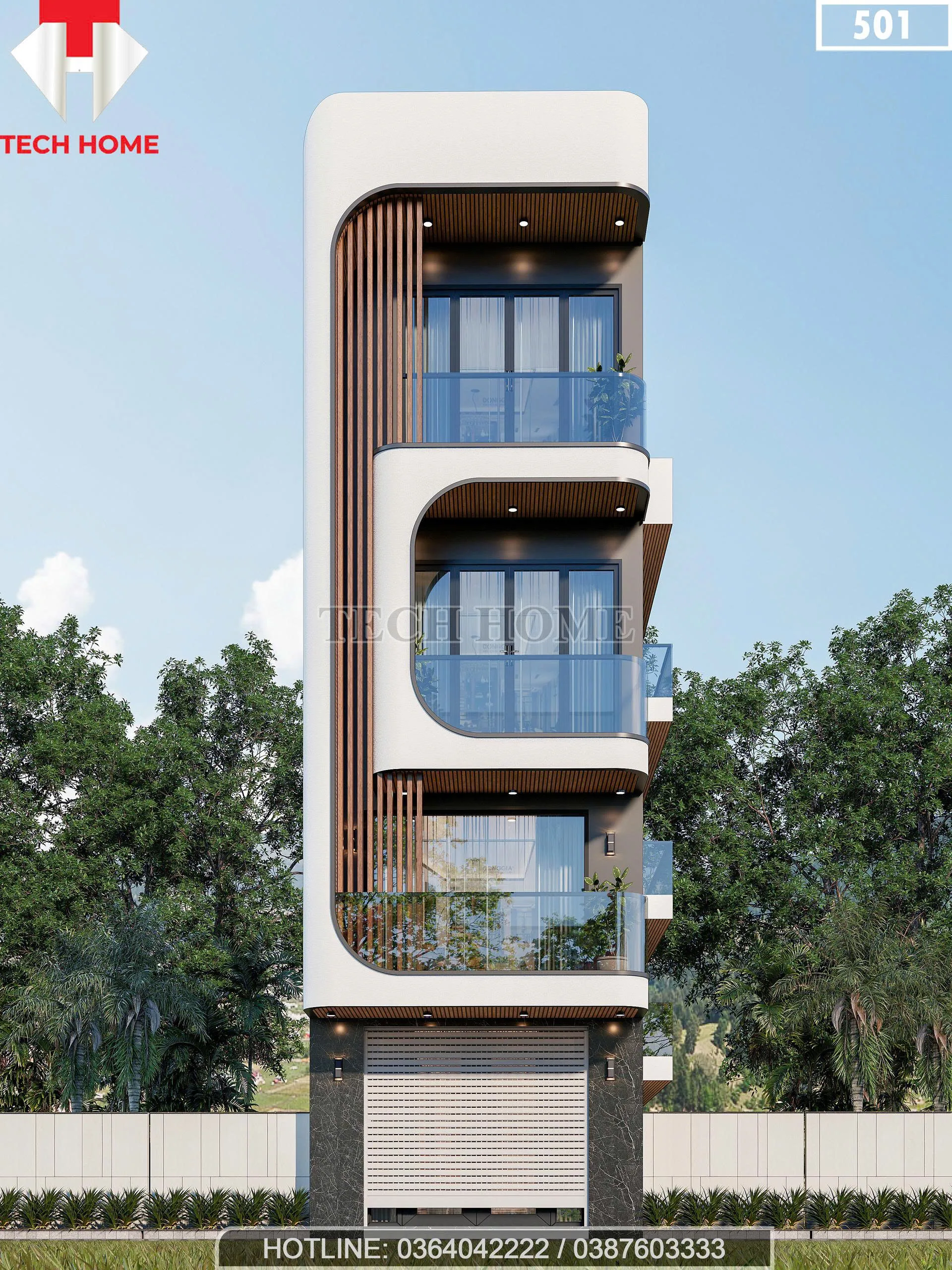 Phối cảnh chính diện mẫu nhà phố 3 tầng 1 lửng hiện đại bo góc độc đáo tại Thanh Hóa.