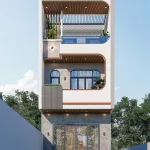 Phối cảnh mặt tiền mẫu nhà phố 3 tầng hiện đại kiến trúc bo cong độc đáo tại Lục Nam, Bắc Giang.