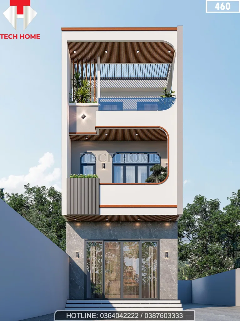 Phối cảnh mặt tiền mẫu nhà phố 3 tầng hiện đại kiến trúc bo cong độc đáo tại Lục Nam, Bắc Giang.