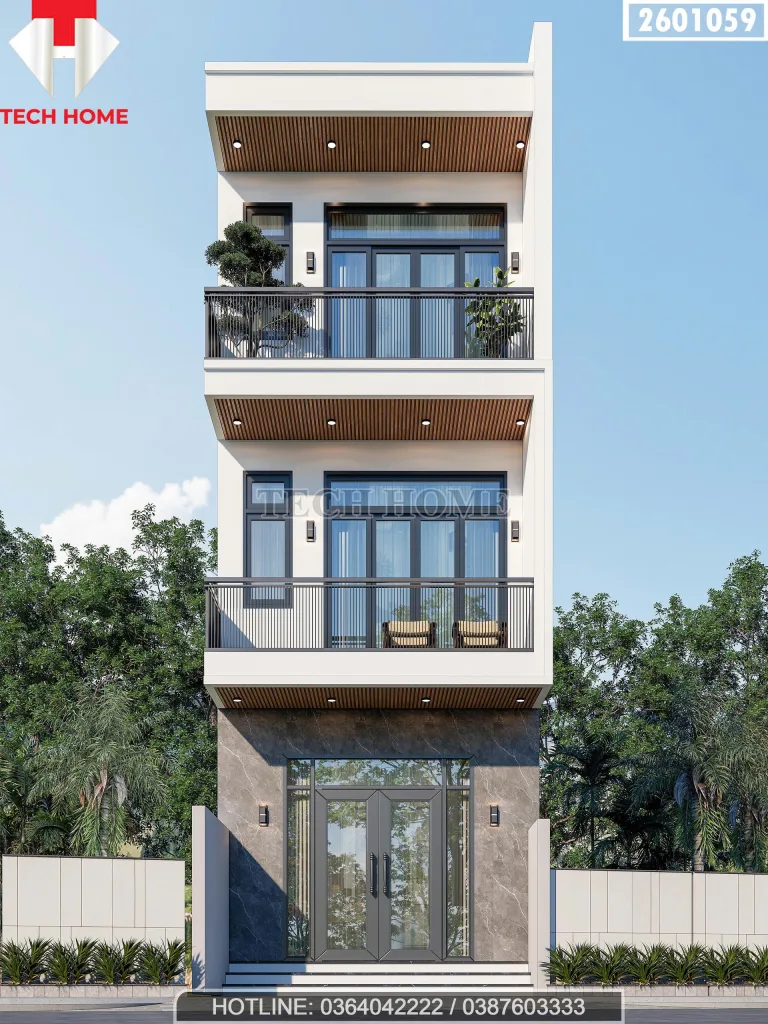 Phối cảnh mặt tiền mẫu nhà phố 3 tầng hiện đại ngang 4.3m sang trọng tại Hà Nội.