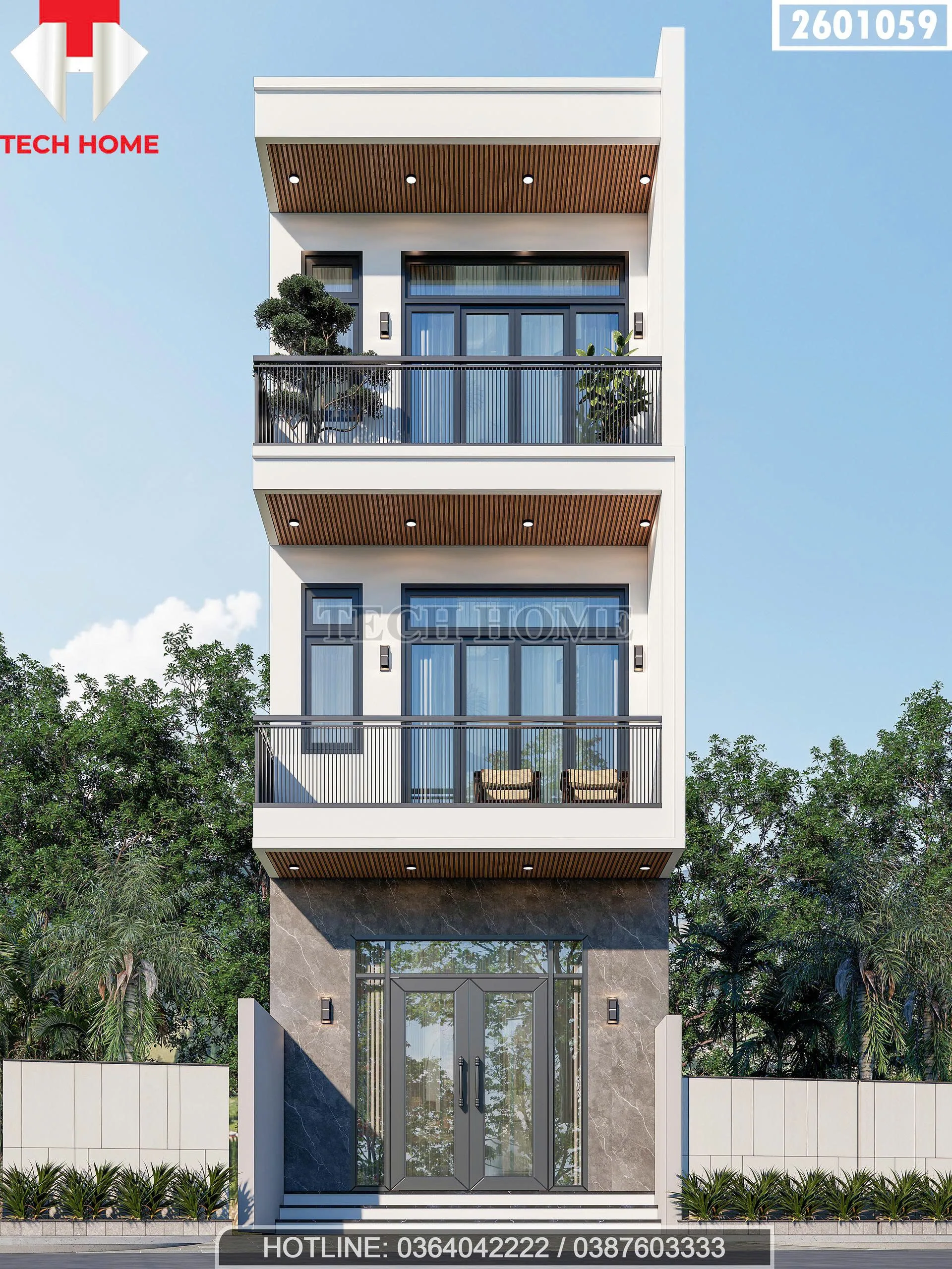 Phối cảnh mặt tiền mẫu nhà phố 3 tầng hiện đại ngang 4.3m sang trọng tại Hà Nội.