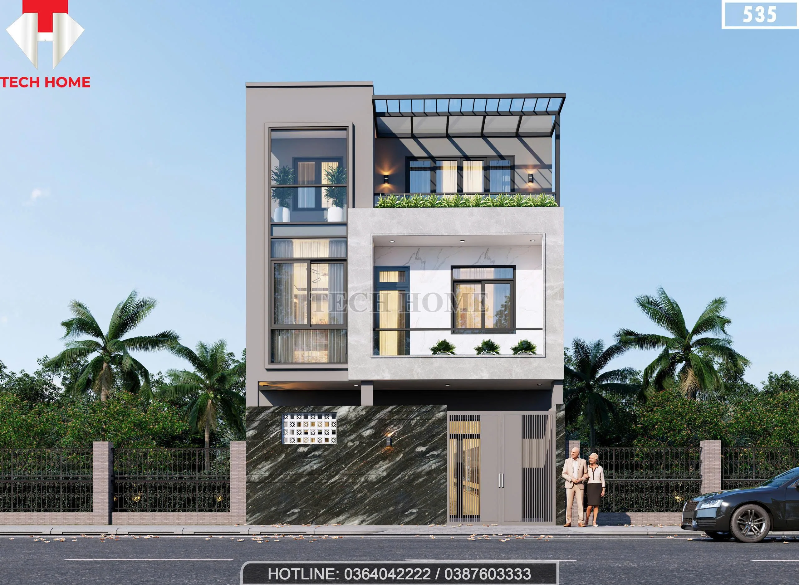 Phối cảnh mặt tiền mẫu nhà phố 3 tầng hiện đại sang trọng tại Mê Linh Hà Nội.