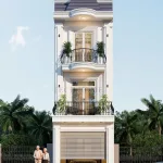 Phối cảnh mặt tiền mẫu nhà phố 3 tầng tân cổ điển sang trọng có gara ô tô tại Hưng Yên.