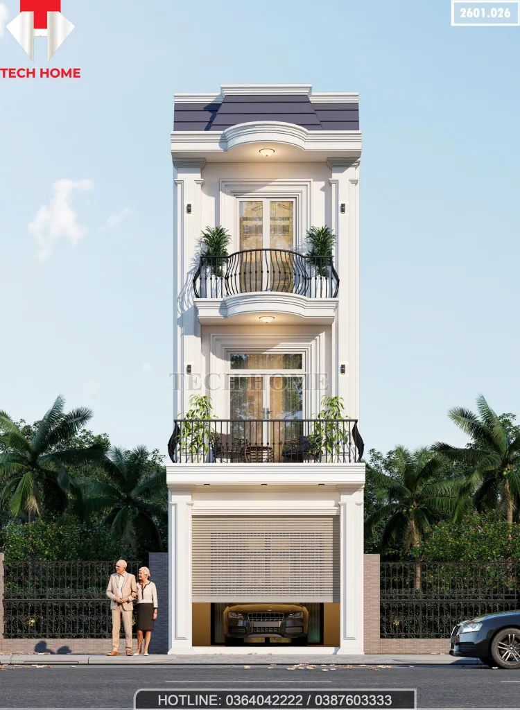 Phối cảnh mặt tiền mẫu nhà phố 3 tầng tân cổ điển sang trọng có gara ô tô tại Hưng Yên.