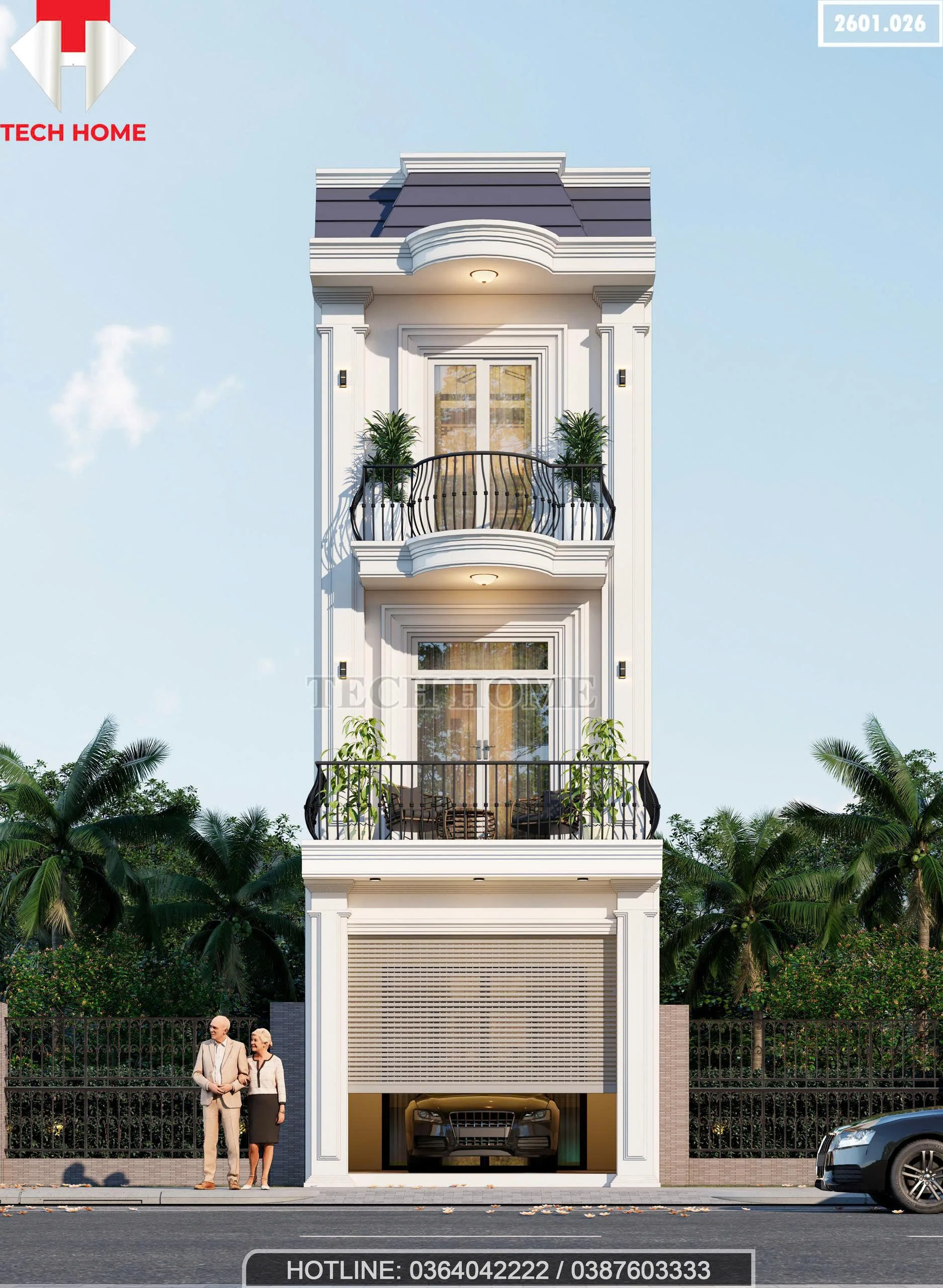 Phối cảnh mặt tiền mẫu nhà phố 3 tầng tân cổ điển sang trọng có gara ô tô tại Hưng Yên.