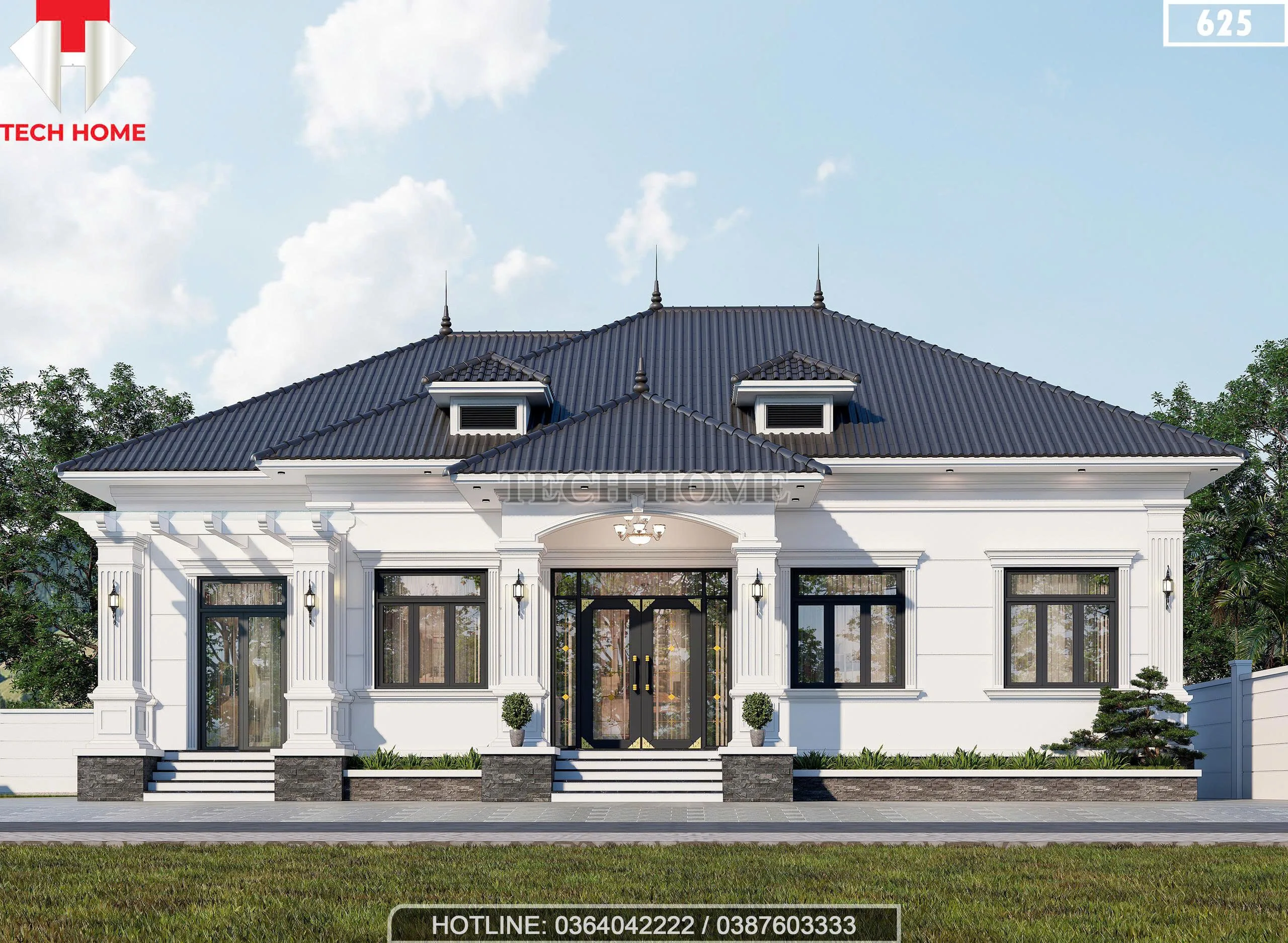 Phối cảnh chính diện mẫu nhà vườn 1 tầng mái Nhật tân cổ điển tại Hà Nội.