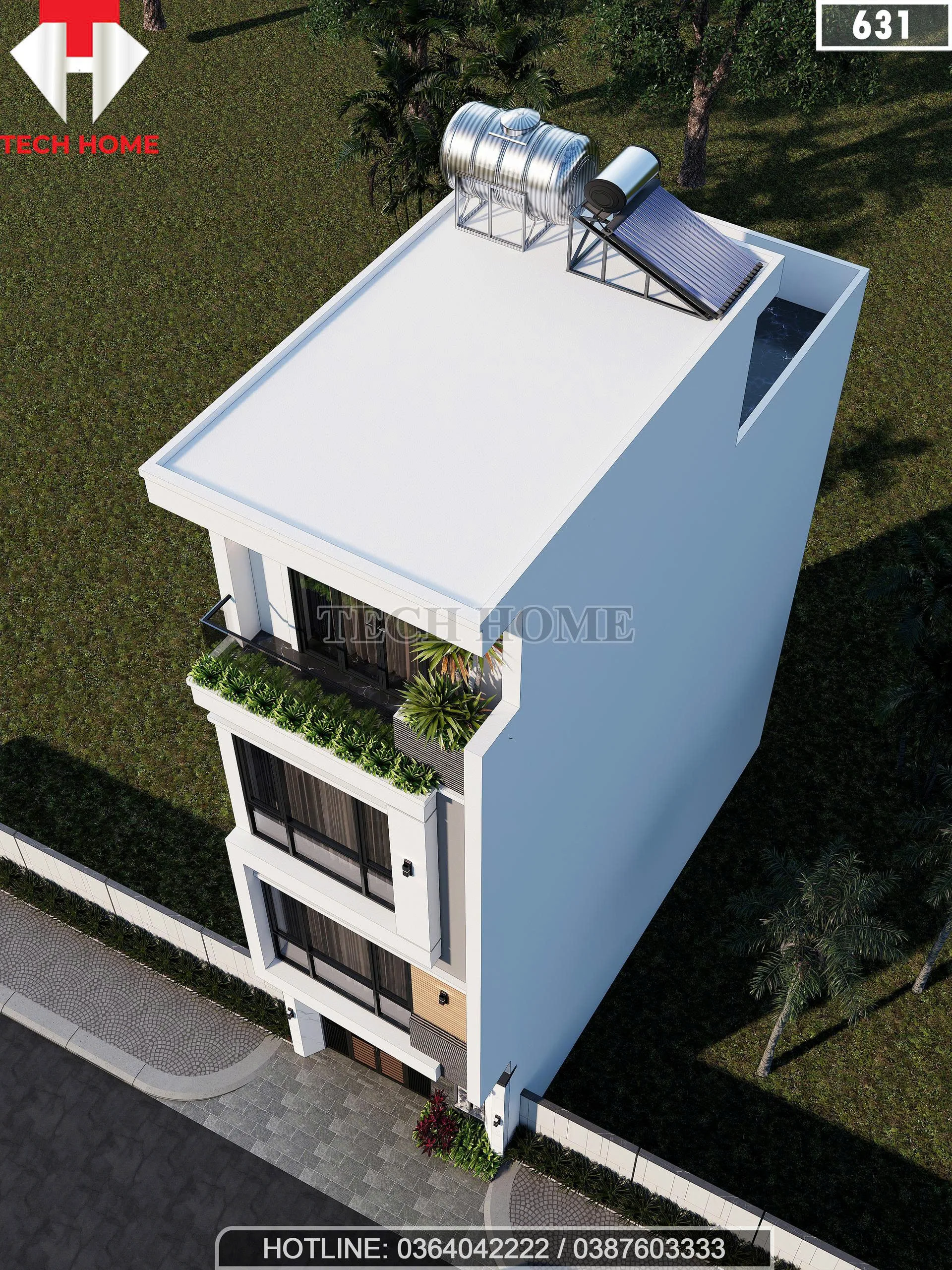 Tổng thể phối cảnh từ trên cao mẫu nhà phố 3 tầng 1 tum diện tích sàn 145m2 của TechHome.