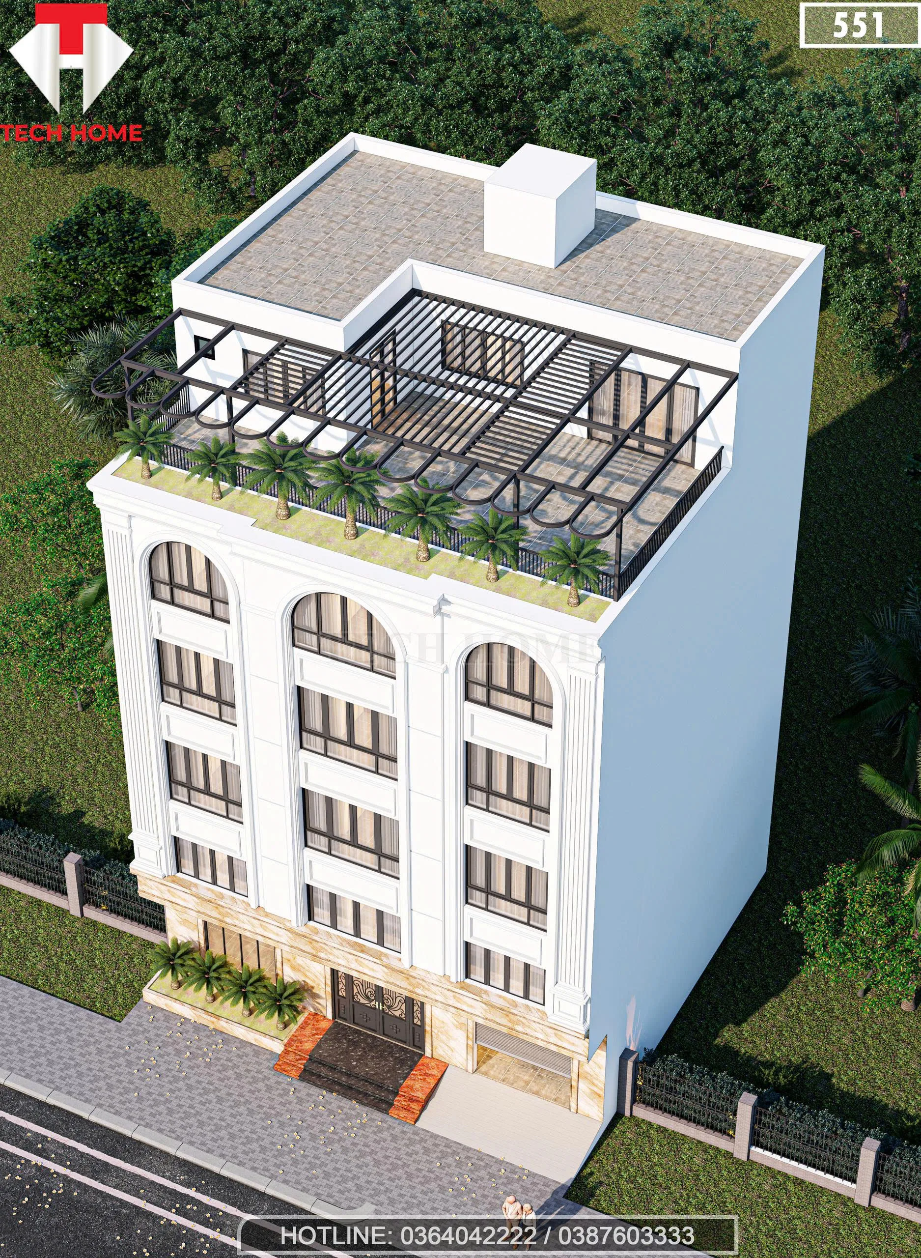 Tổng thể mẫu thiết kế nhà phố 5 tầng tại Lai Châu nhìn từ trên cao với hệ mái pergola và sân thượng rộng.