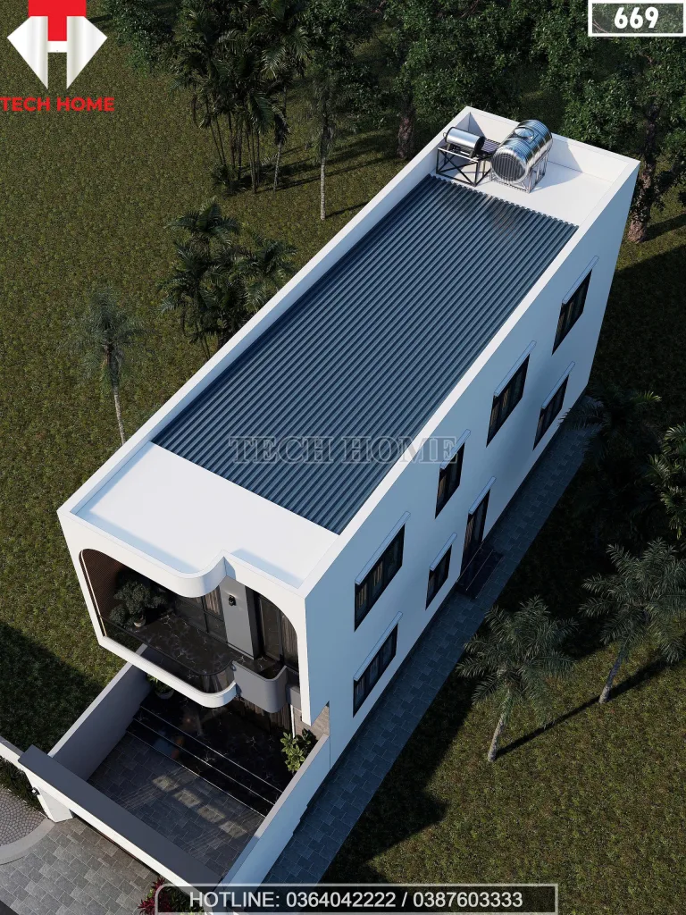 Góc nhìn từ trên cao mẫu nhà phố 2 tầng 5x15m sử dụng mái tôn chống nóng và hệ thống năng lượng mặt trời.