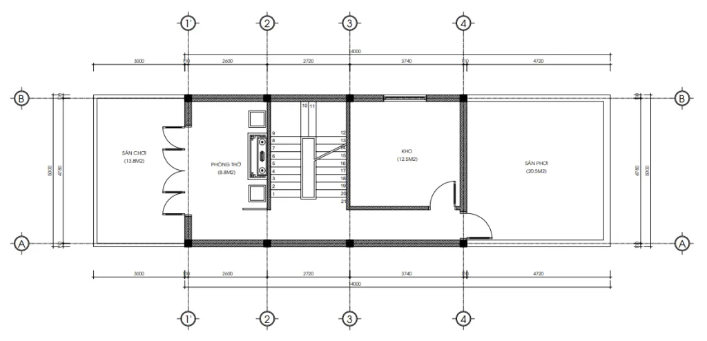 Bản vẽ bố trí công năng tầng tum mẫu nhà phố 4 tầng hiện đại gồm phòng thờ diện tích thiết kế 46m2.